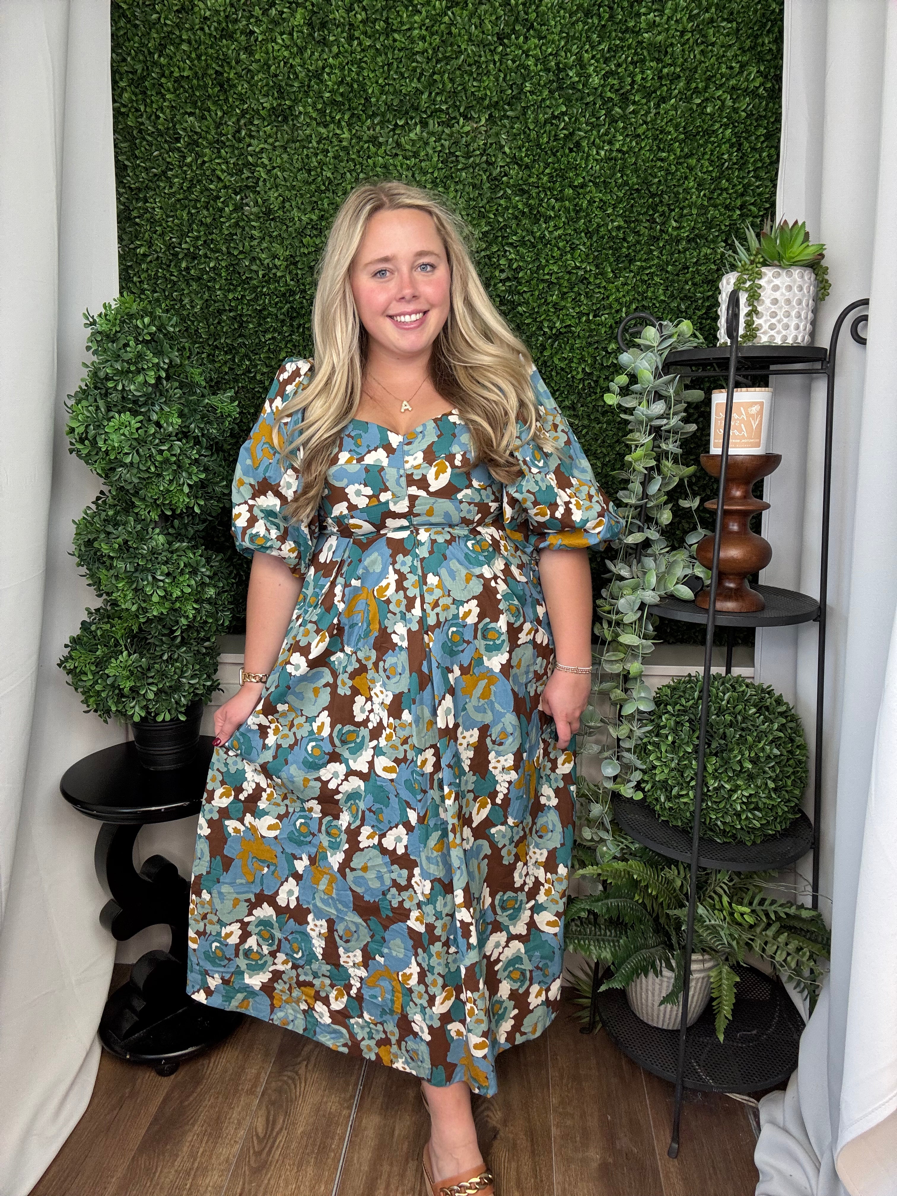 BUBBLE SLV SCALLOPED DRESS - BROWN TEAL