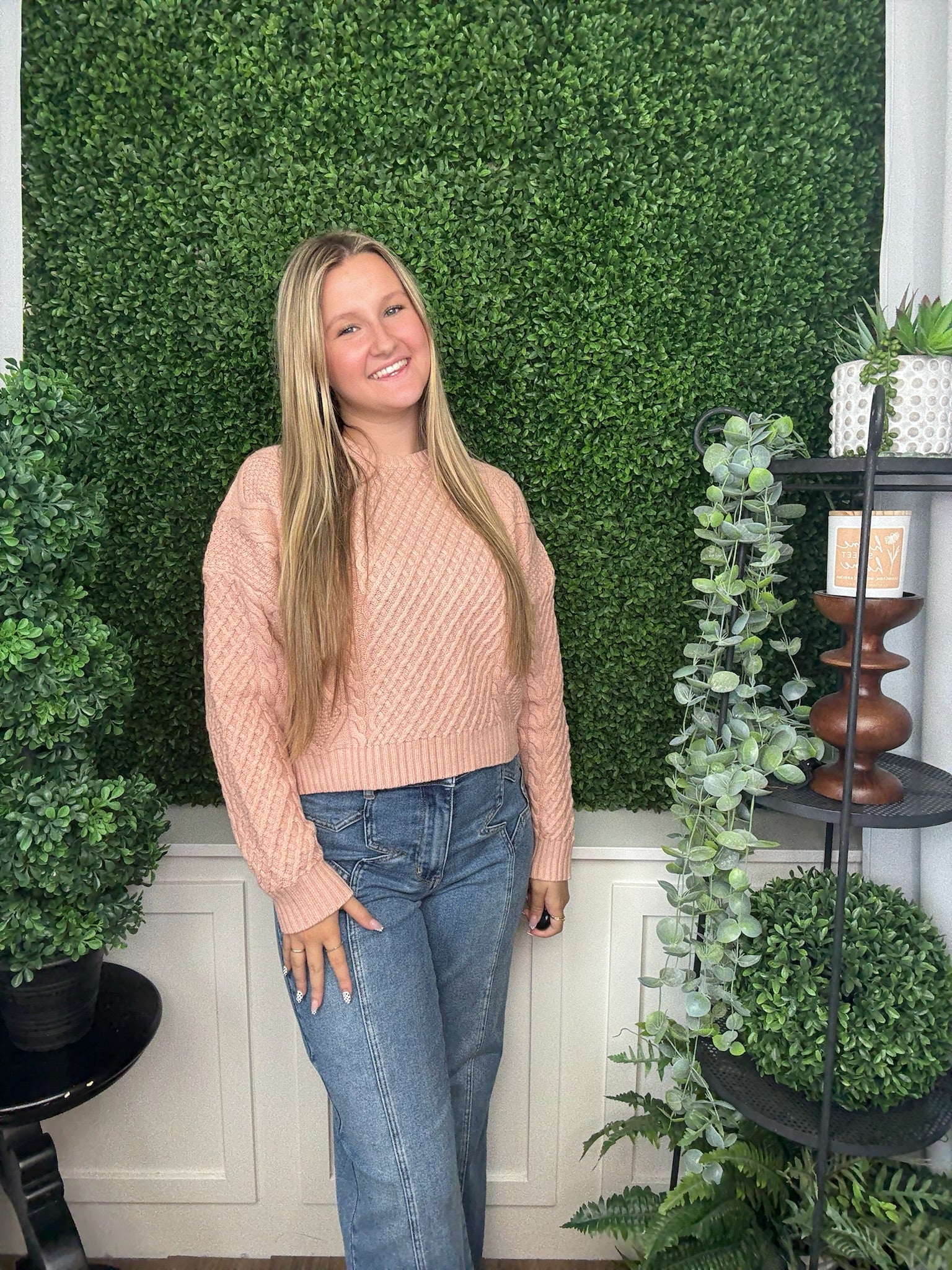 CASUAL SOLID CABLE KNIT SWEATER - BLUSH