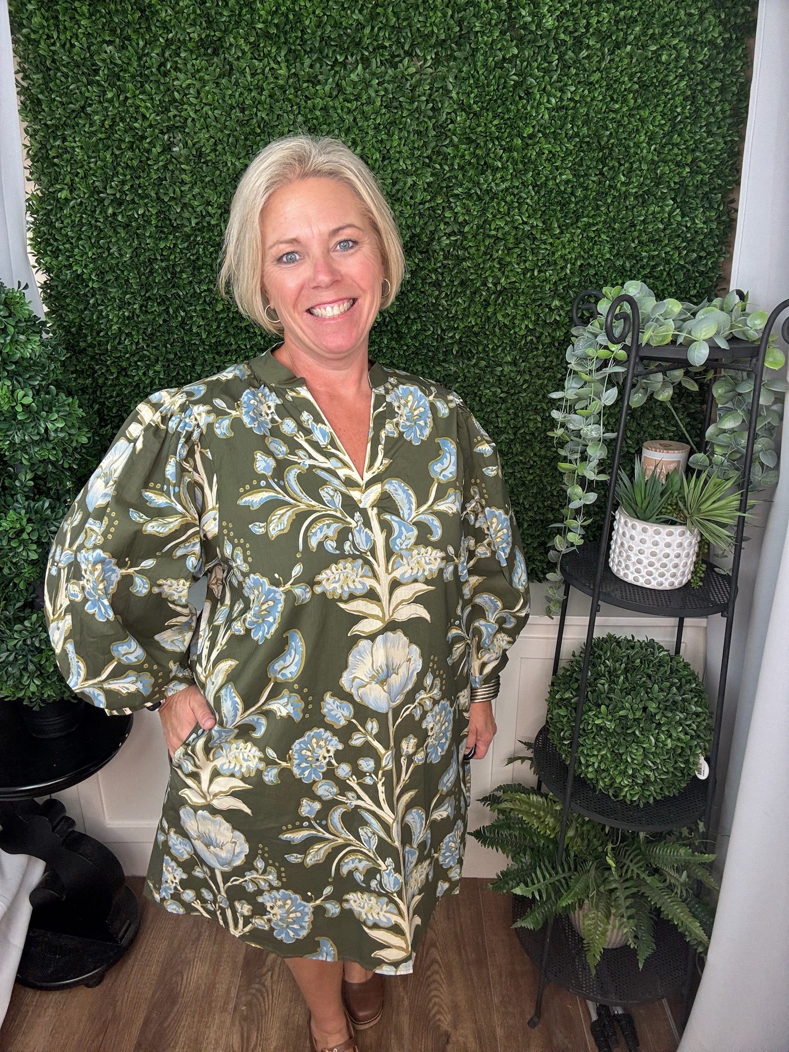 FLORAL PRINT PUFF SLEEVE DRESS - CHOCOLATE/OLIVE