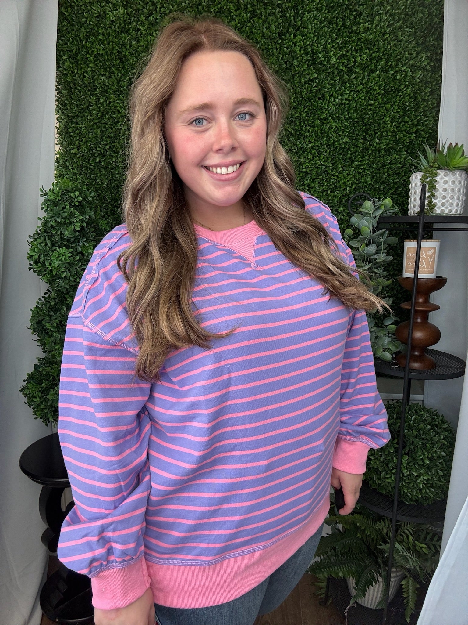 STRIPE COMFY CASUAL OVERSIZED KNIT TOP - LAVENDAR/PINK