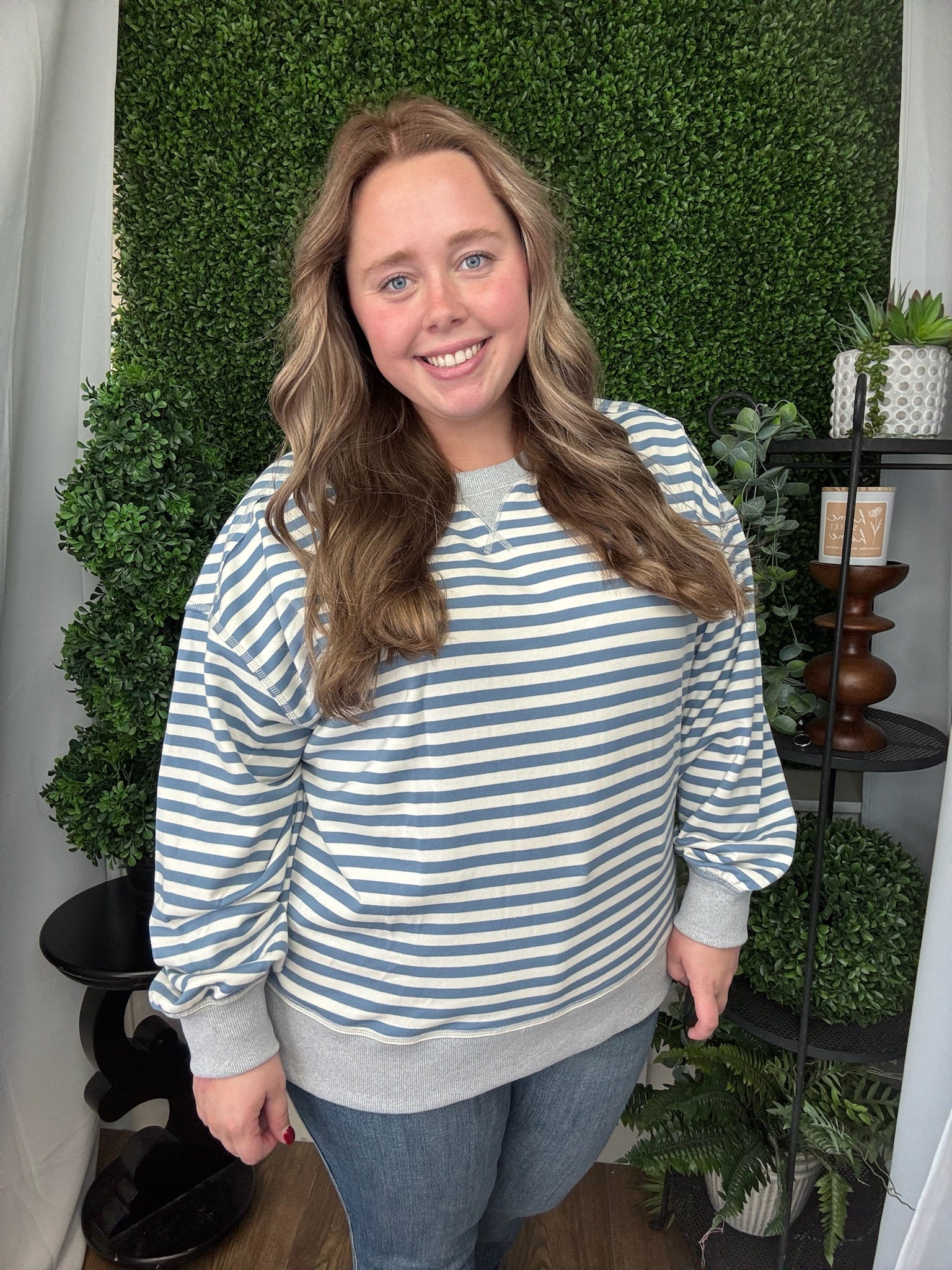 STRIPE COMFY CASUAL OVERSIZED KNIT TOP - DENIM/CREAM