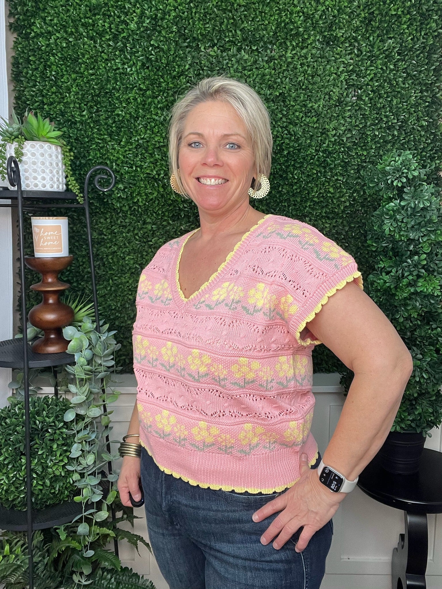 Pink Floral Knit Sweater Top