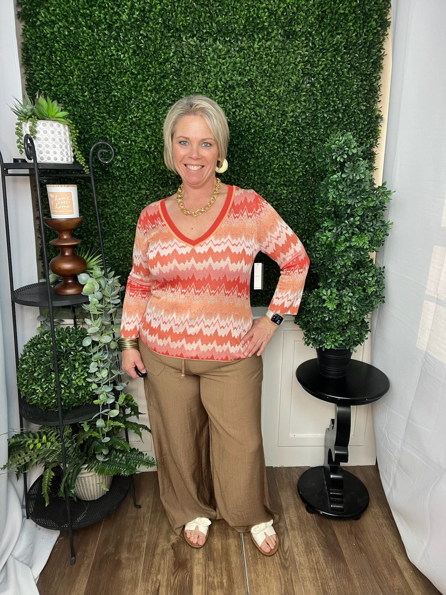 3/4 SLEEVE VNECK SWEATER - ORANGE/TAN CHEVRON