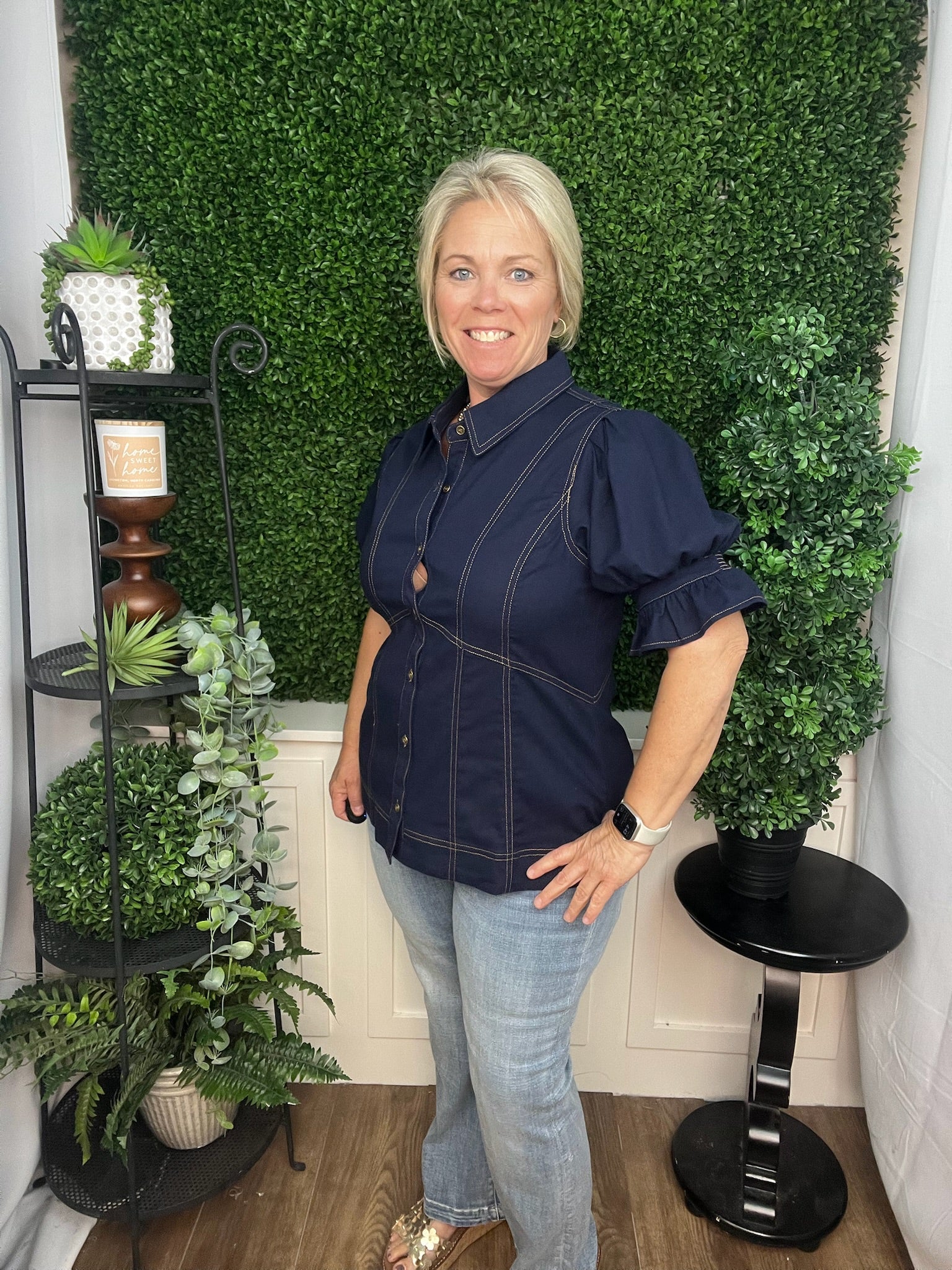 Contrast Stitch Panel Puff Sleeve Blouse