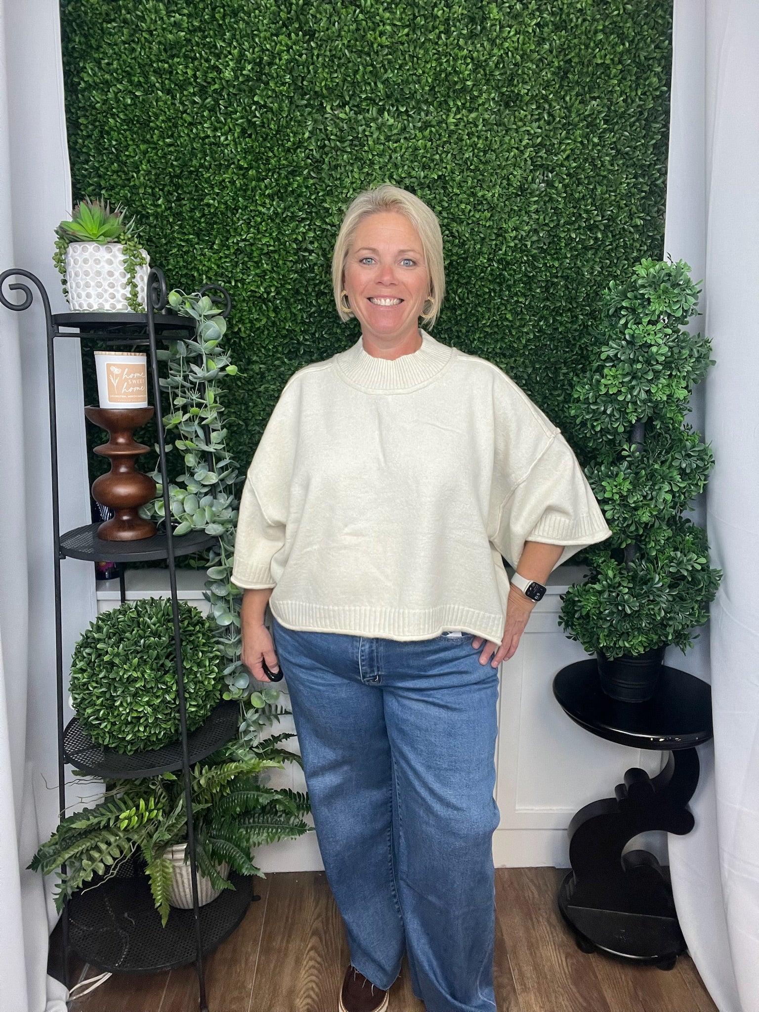 MARLED KNIT MOCK NECK SS SWEATER - IVORY