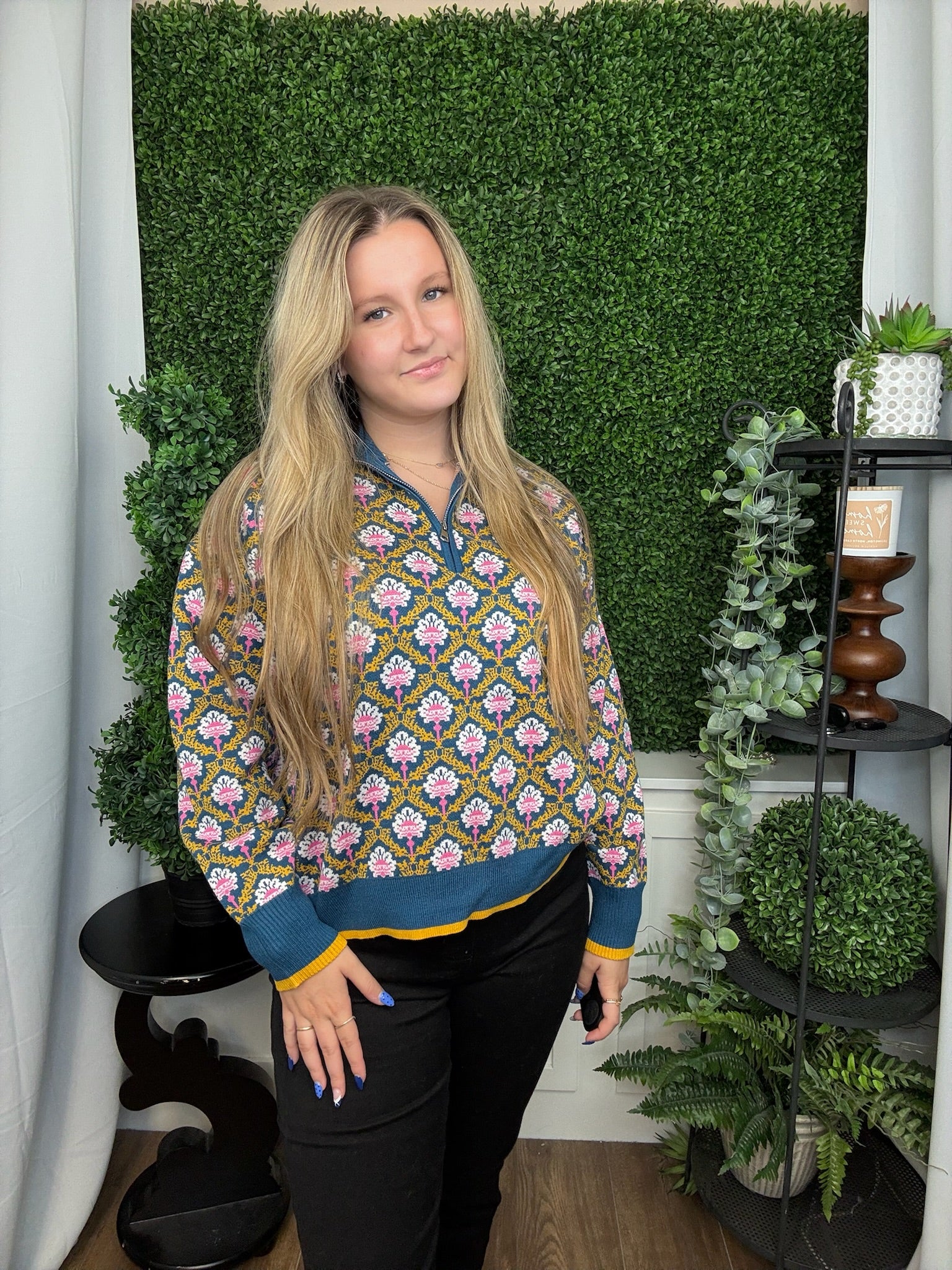 FLORAL MOCK NECK HALF ZIP PULLOVER - PEACOCK BLUE MULTI