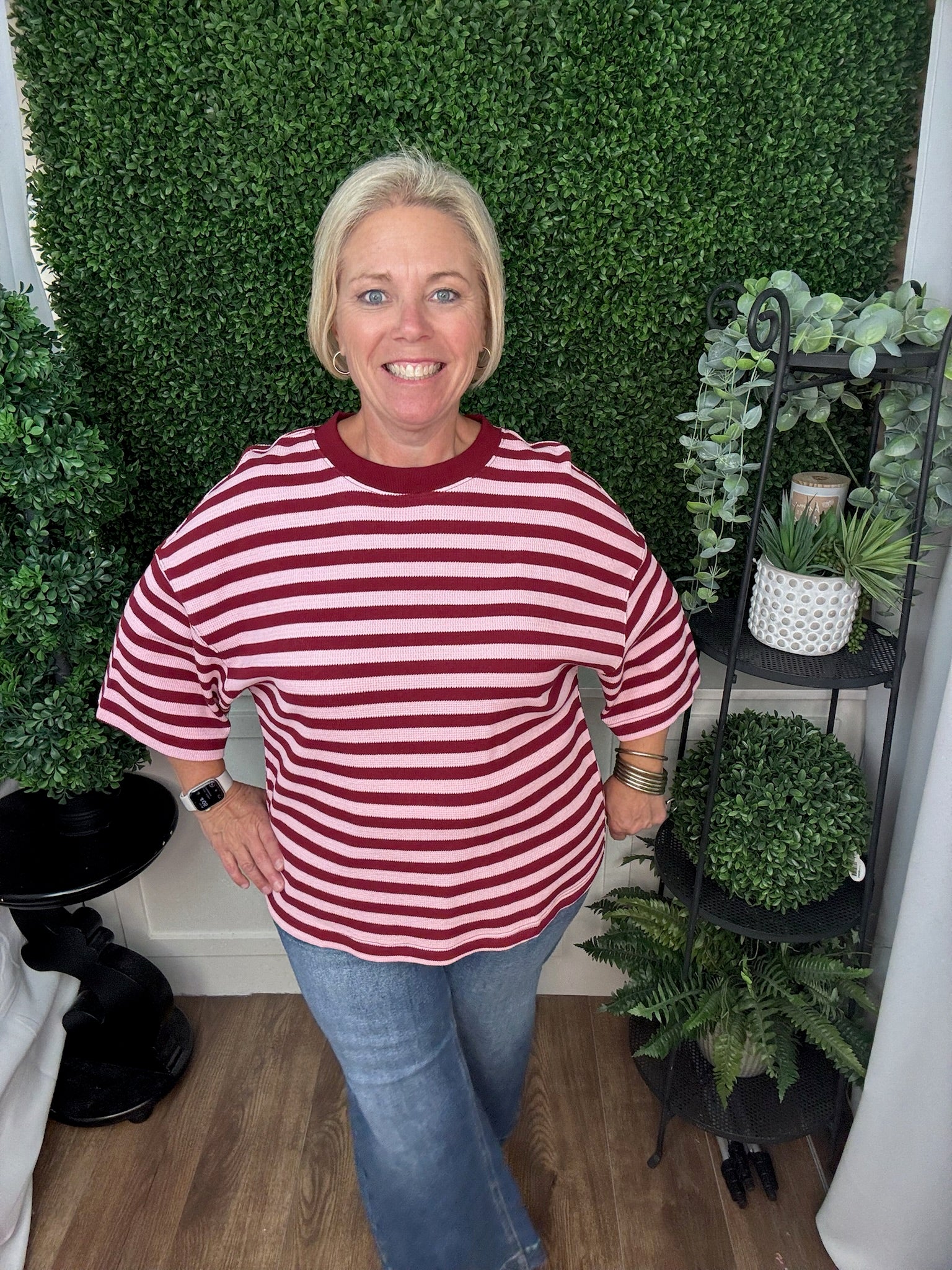 OVERSIZED STRIPED KNIT TOP - BLUE BROWN/BURGUNDY