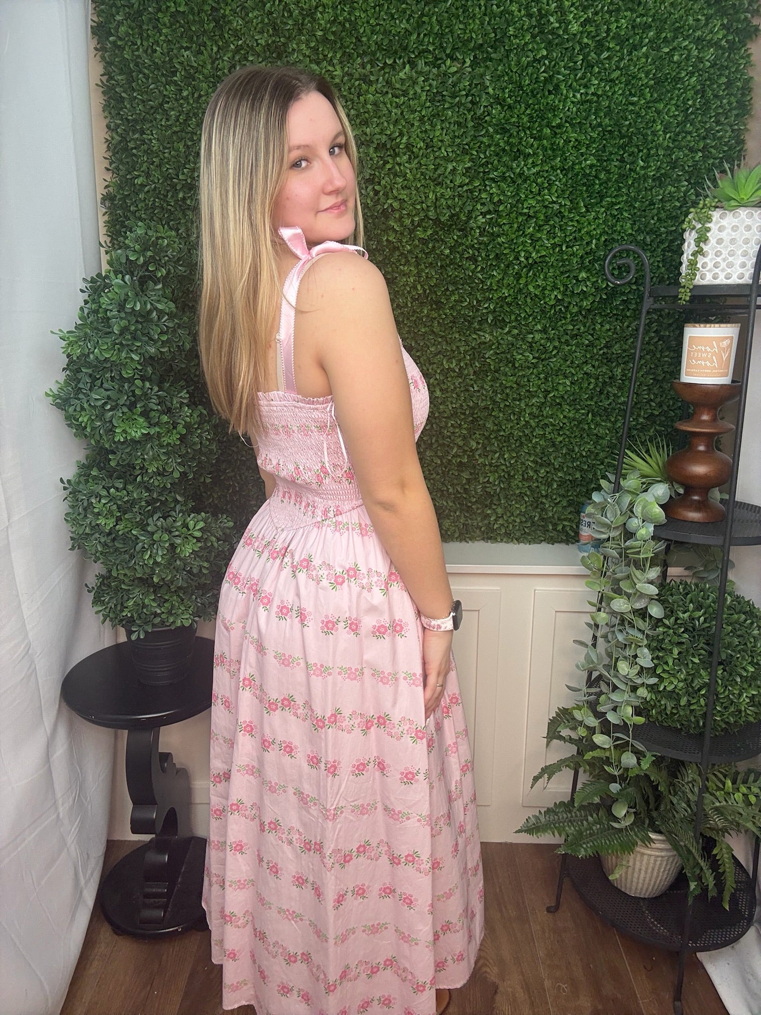 Blush Floral Smocked Midi Dress