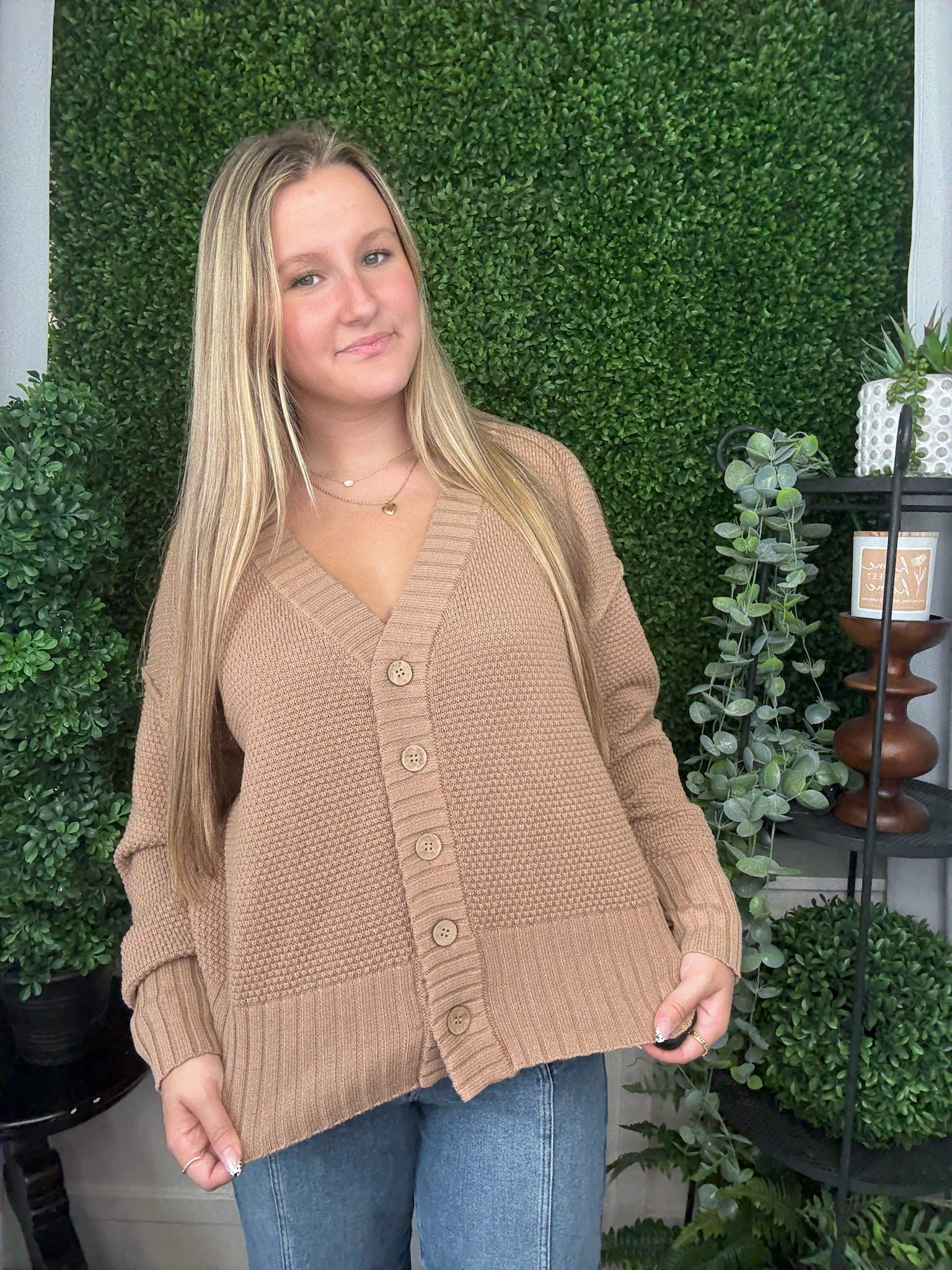 VNECK BUTTON DOWN LS GARDIGAN - BROWN SUGAR