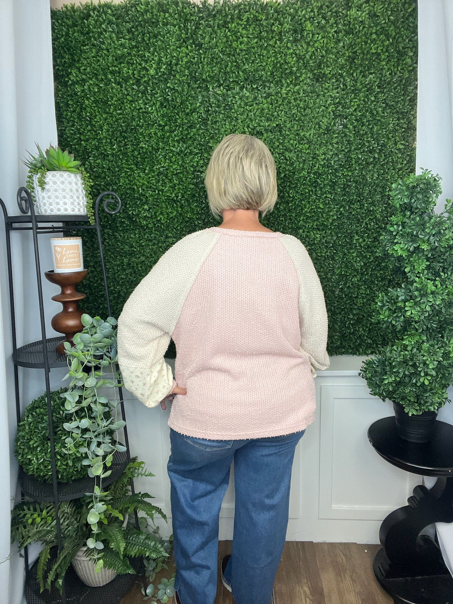 RAGLAN SLV COLOR BLOCK CASUAL KNIT TOP - BABY PINK