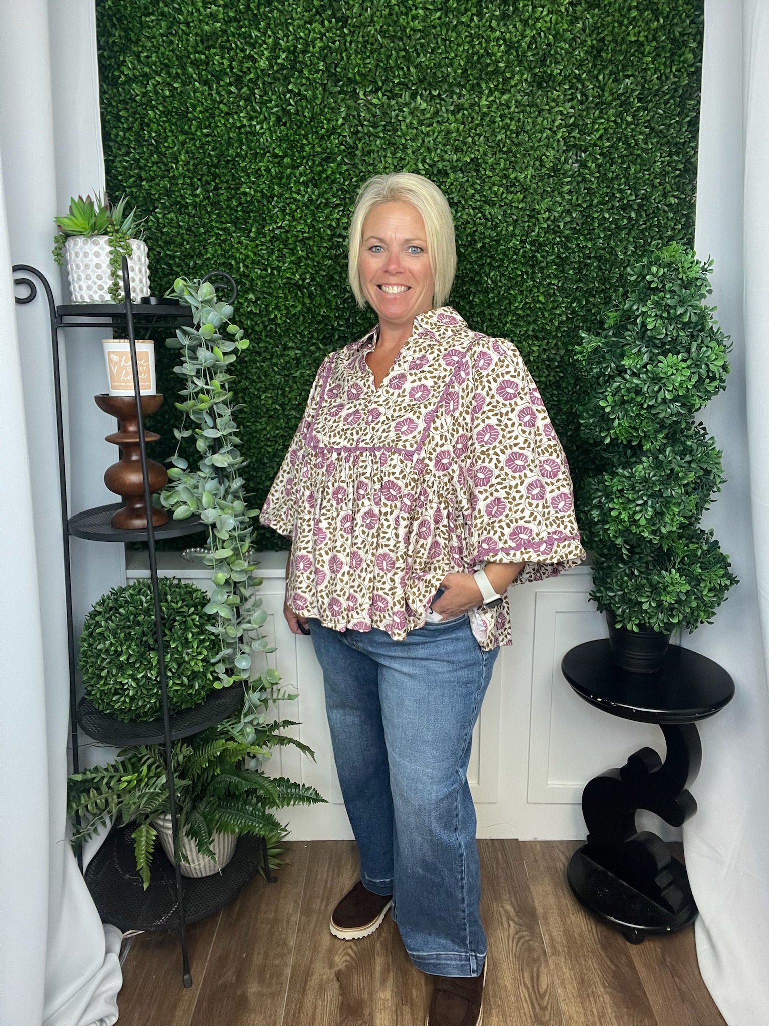 FLORAL PRINT LONG LANTERN SLEEVE TOP - PURPLE