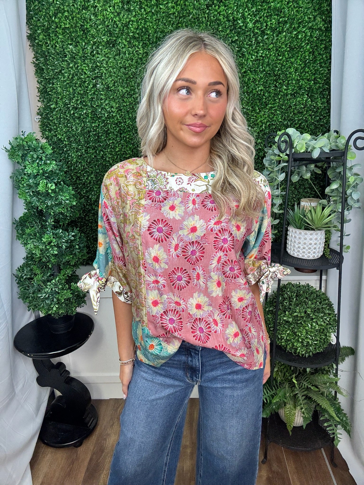 PATCHED PRINT TIE SLEEVE BOXY TOP - MULTI