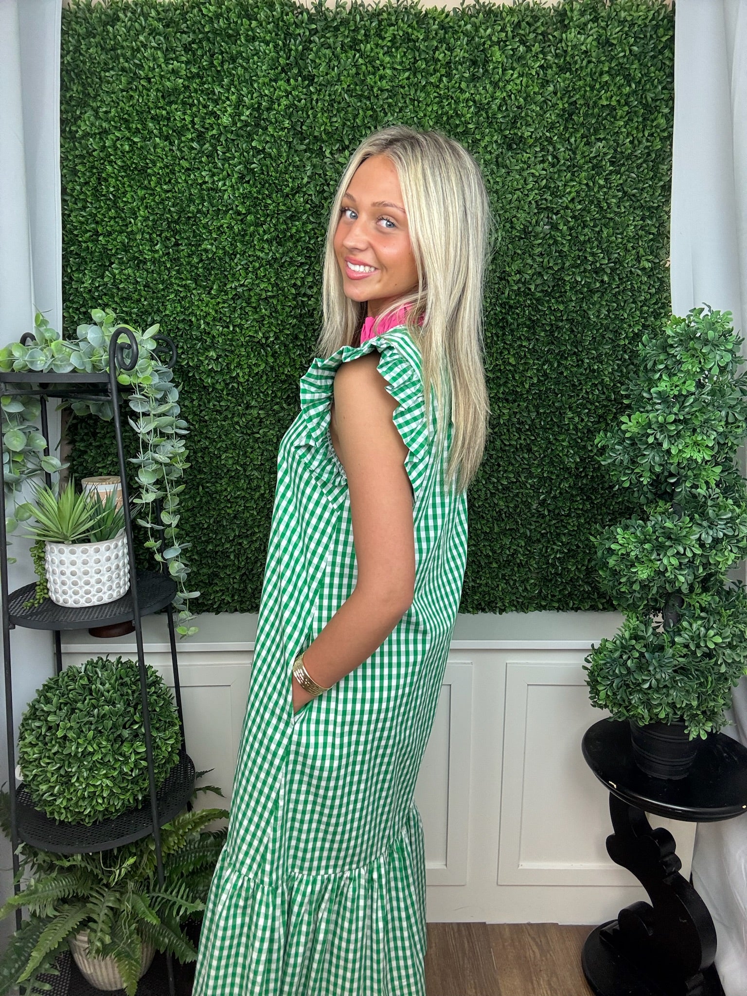 Gingham Flutter Sleeve Midi Dress - Green