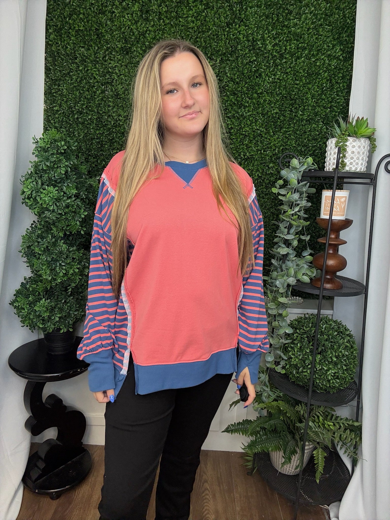 OVERSIZED WAFFLE KNIT CASUAL TOP - CORAL