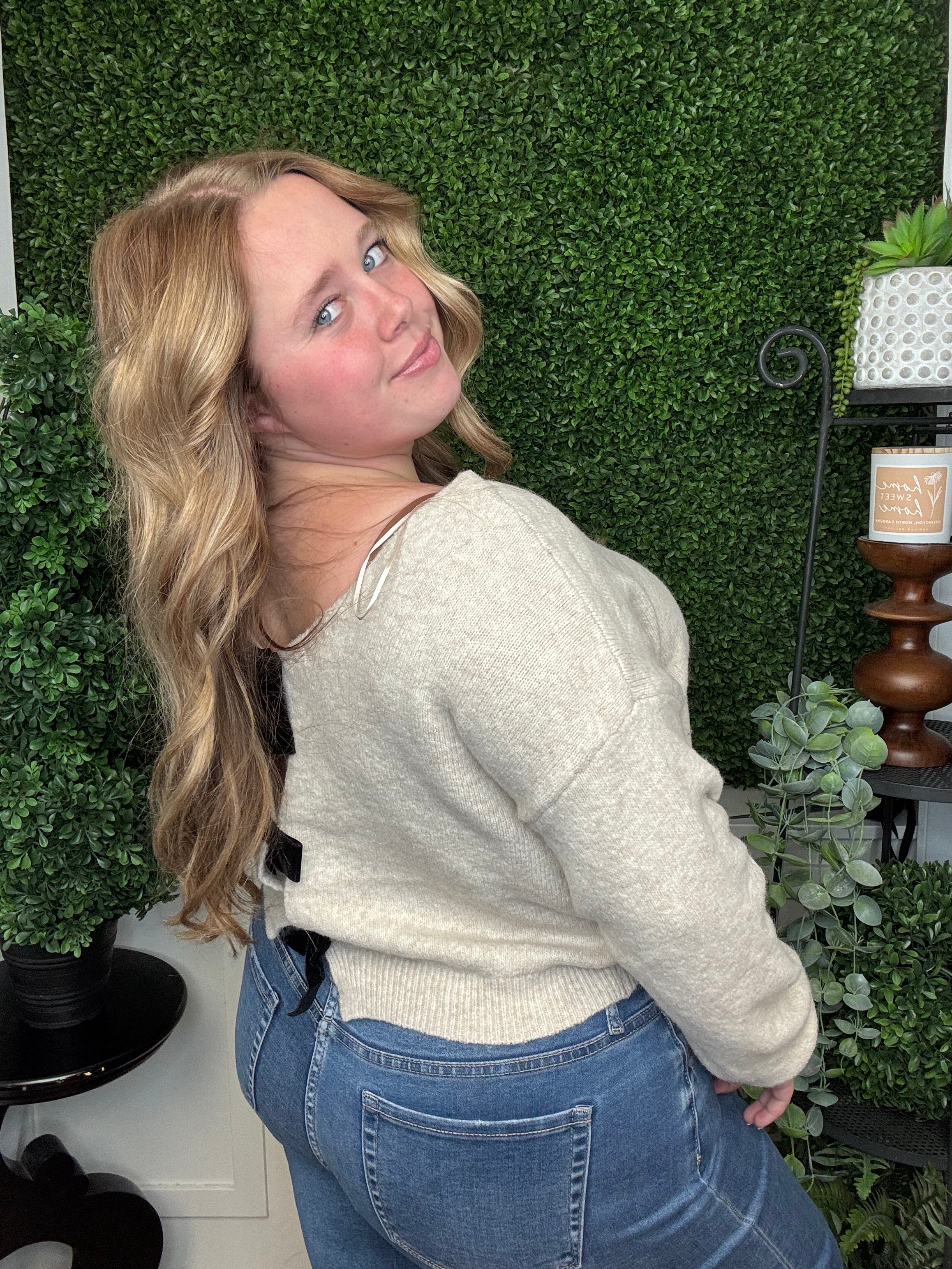 STRIPE SIDE TIE SHORT SLEEVE KNIT SWEATER - OATMEAL