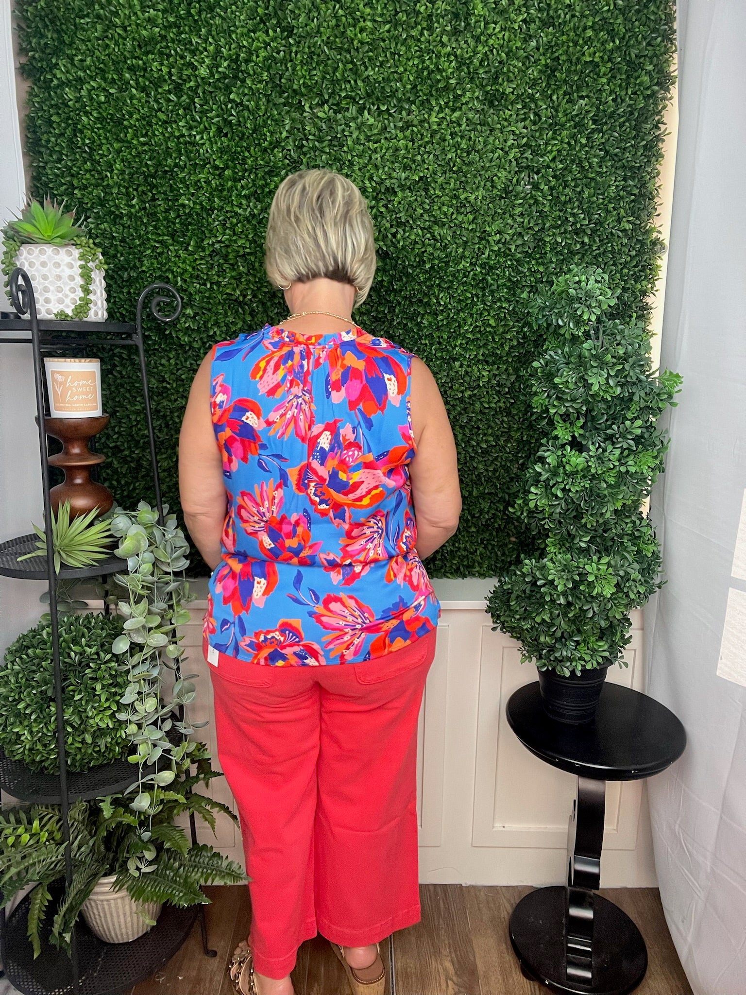 SLEEVELESS BLOUSE W/NECK FRILL - TURKISH SEA