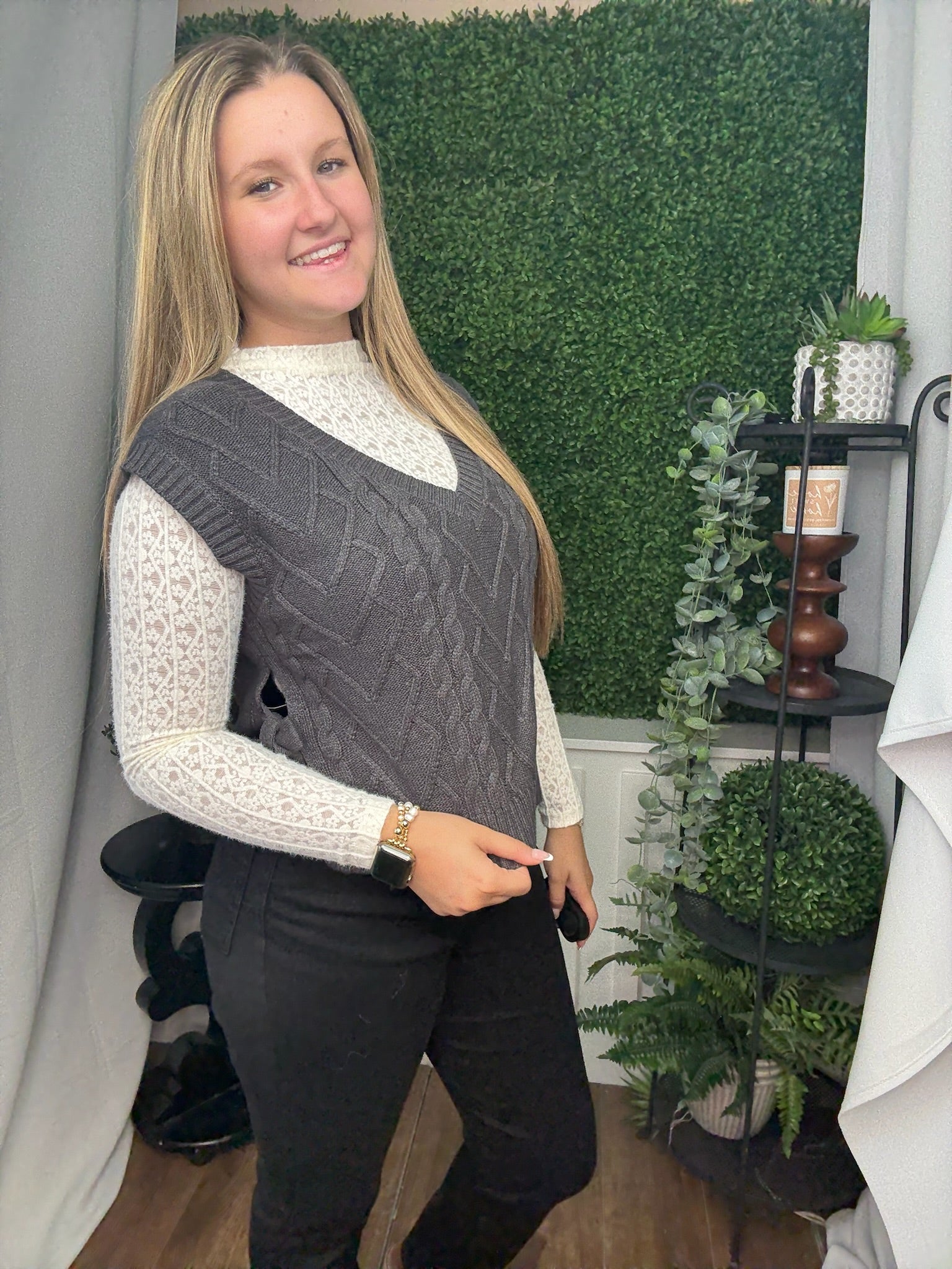 CABLE KNIT VNECK SIDE TIE SWEATER VEST - CHARCOAL