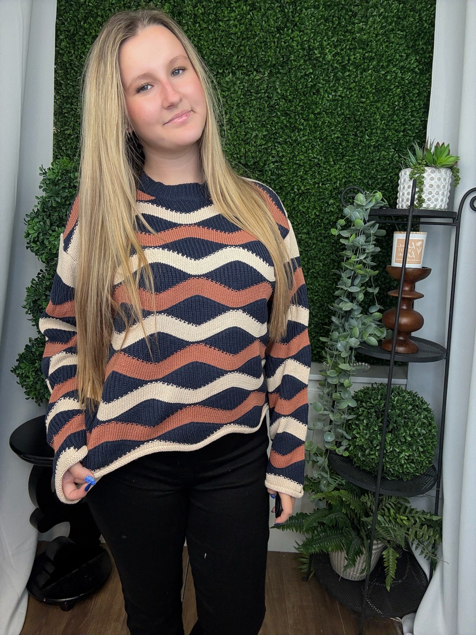 LS WAVY STRIPE SWEATER TOP - NAVY/CINNAMON