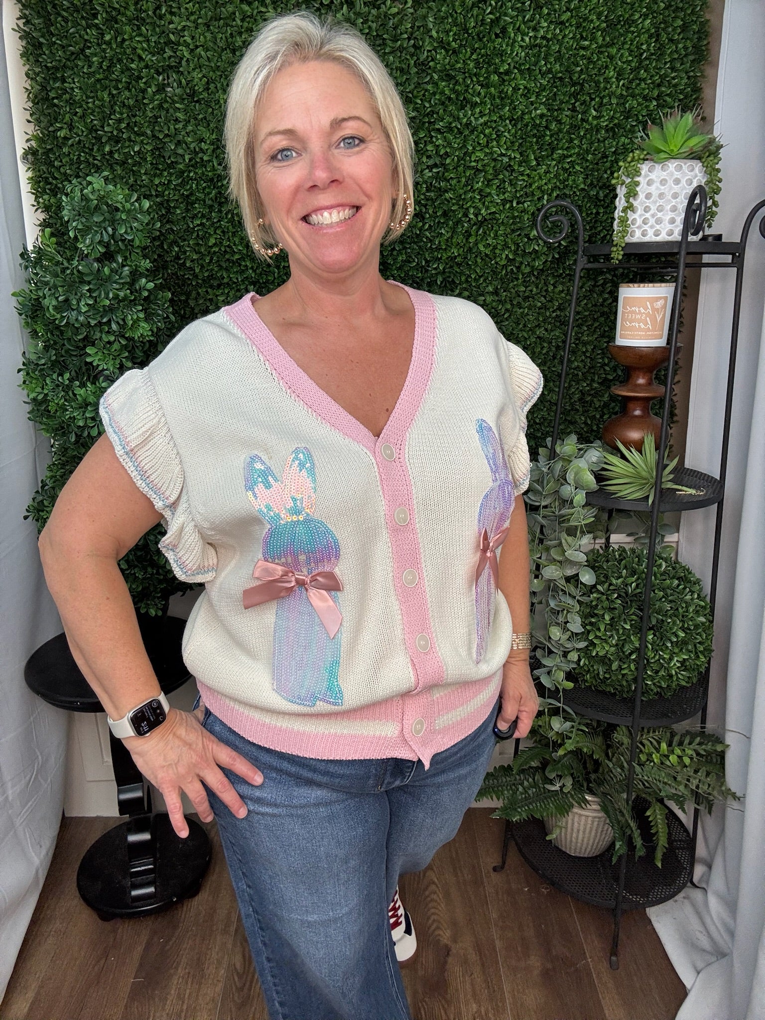 IVORY SWEATER VEST WITH SEQUIN BUNNIES