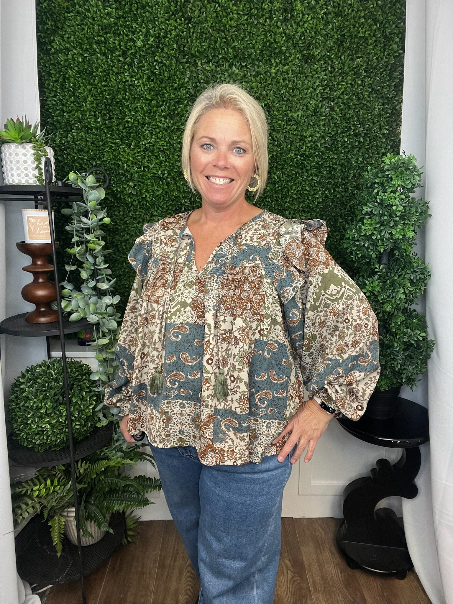 PATCHWORK PRINT SMOCKED RUFFLE BLOUSE - TEAL BLUR MULTI FLORAL