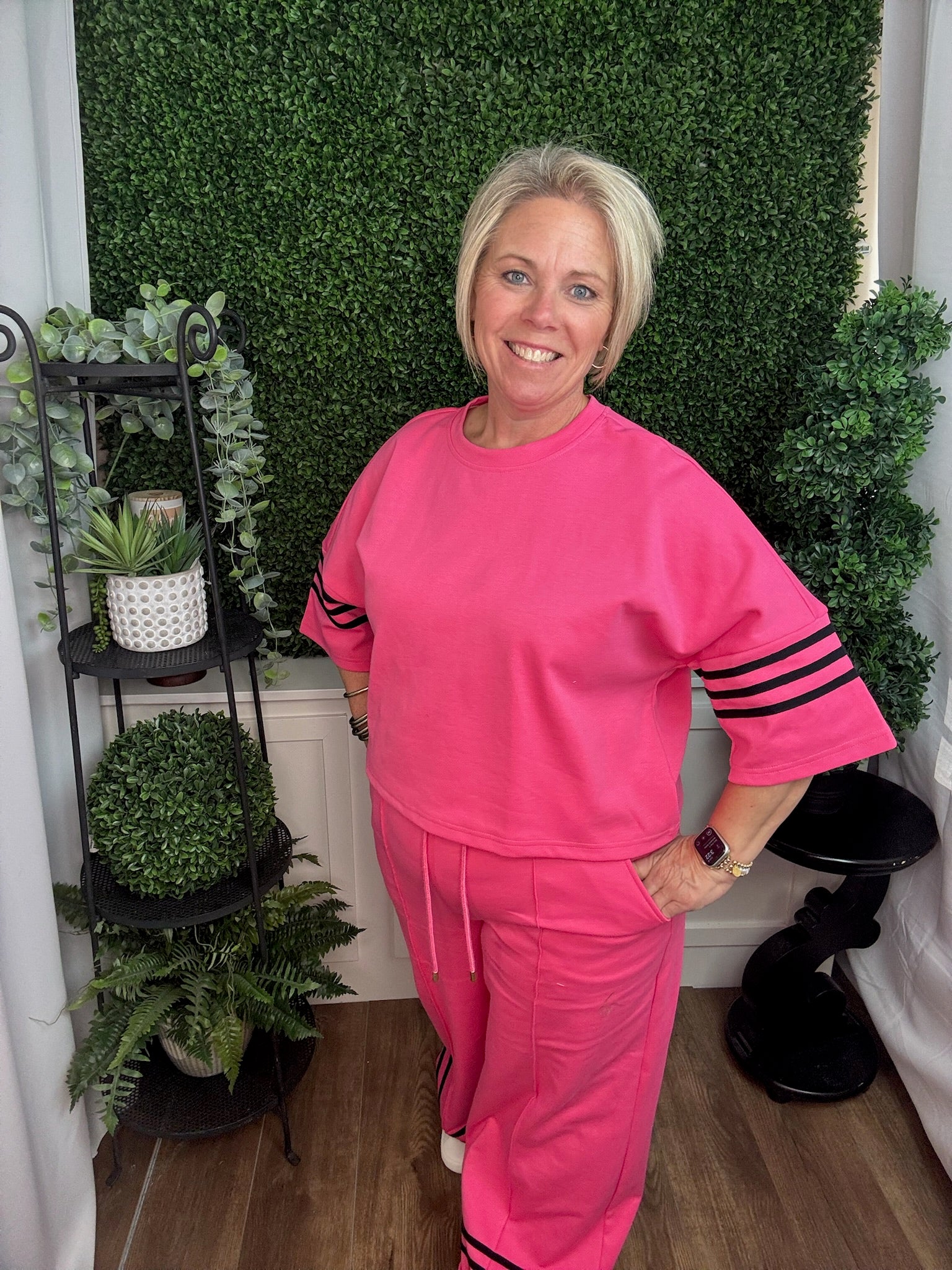Pink Short Sleeve Knit Top with Stripe Detail