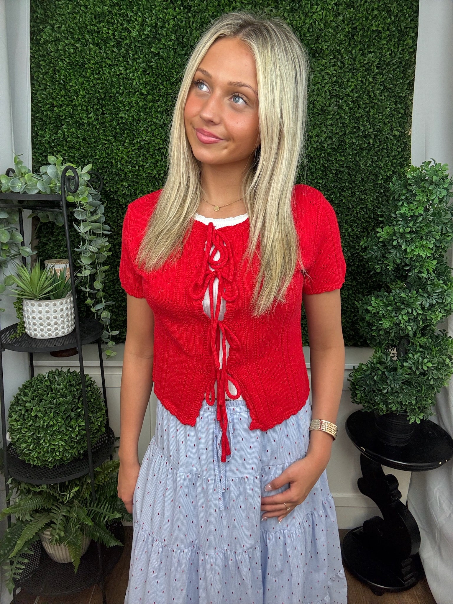 SCALLOPED TIE FRONT POINTELLE KNIT TOP