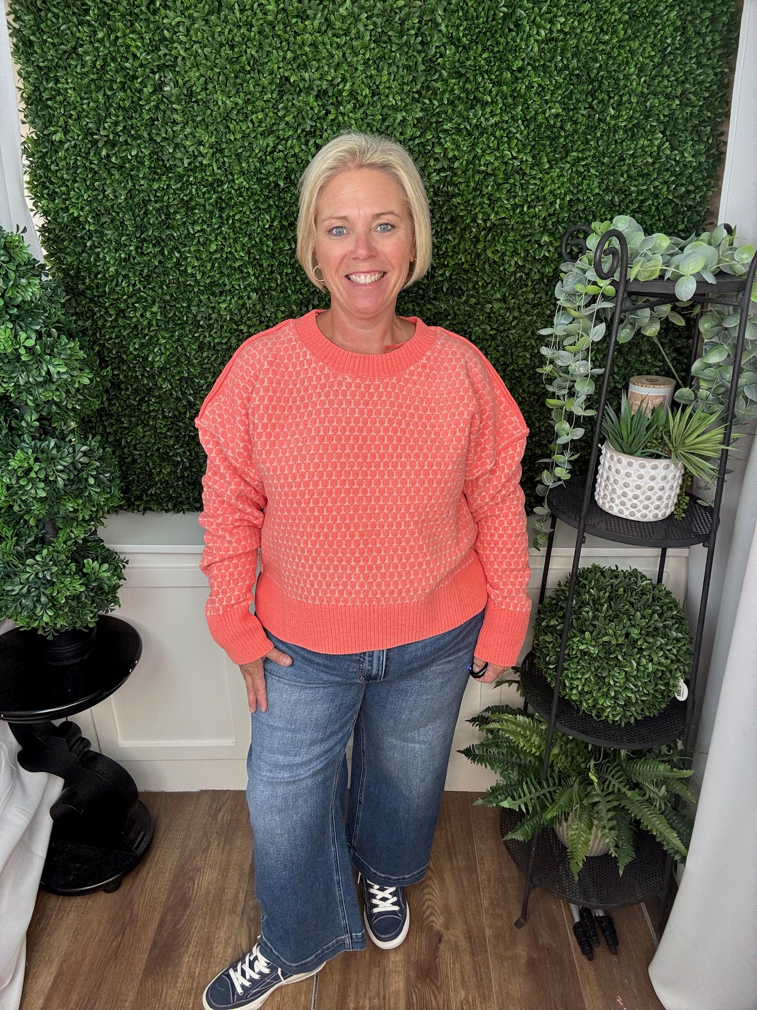 TEXTURED CREW NECK KNIT SWEATER - CORAL