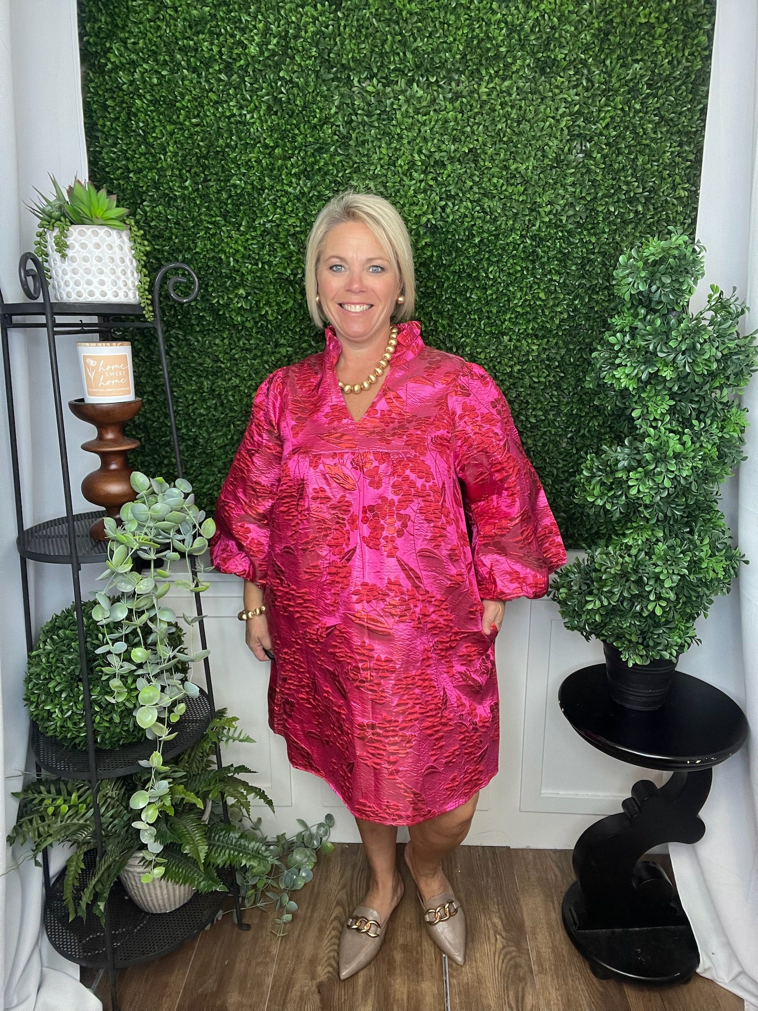 RUFFLED NECK FLORAL JACQUARD DRESS - HOT PINK