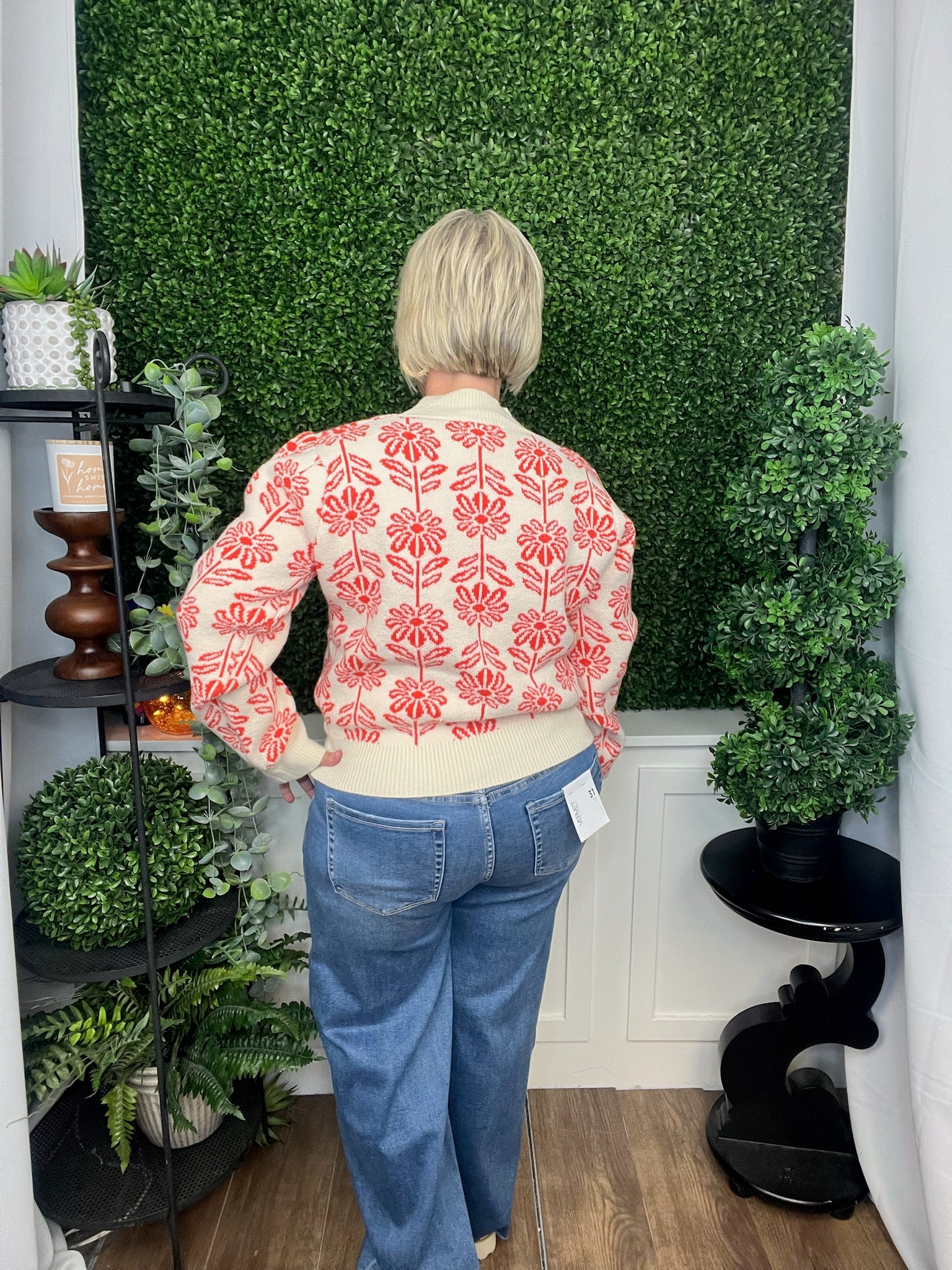 FLORAL PATTERN KNIT SWEATER - TANGERINE TANGO