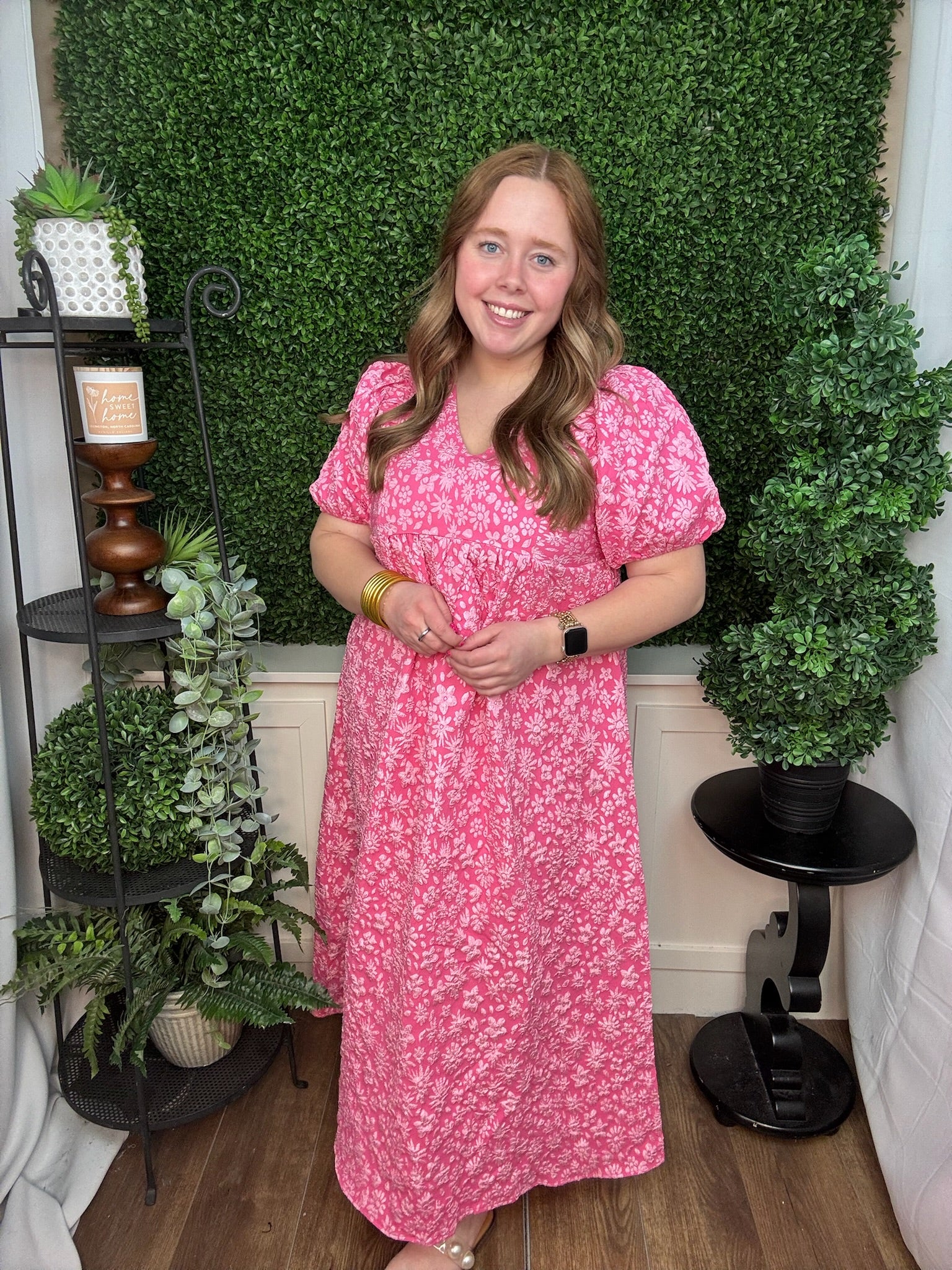 Rosette Bloom Puff Sleeve Midi Dress