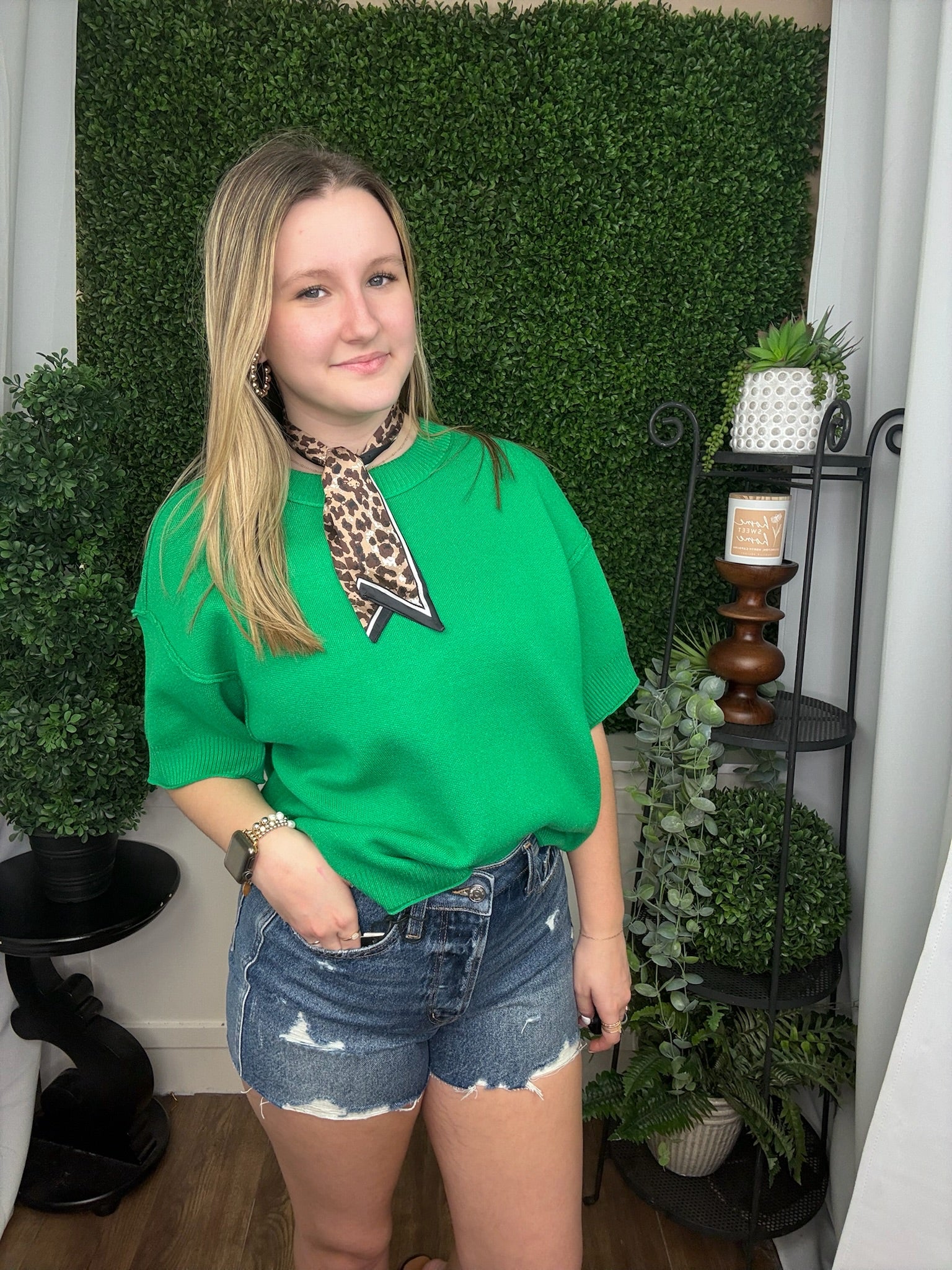 RAW EDGE ACCENT COMFY SWEATER TOP - KELLY GREEN