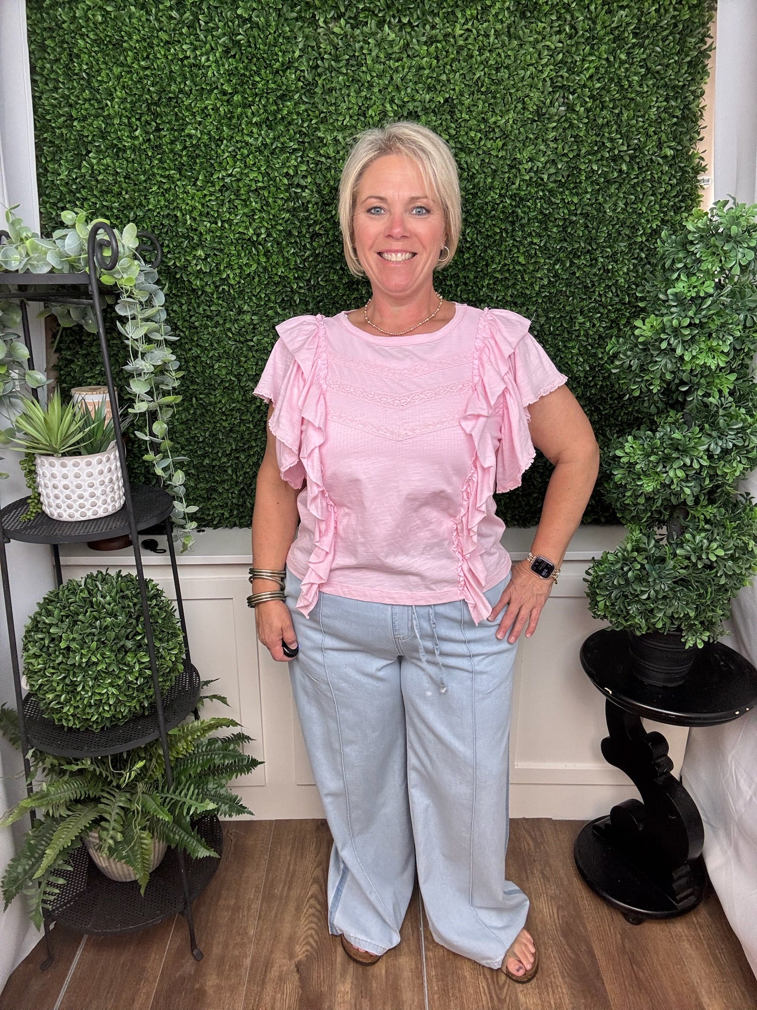 Blush Pink Ruffle Sleeve Top with Lace Chevron Detail