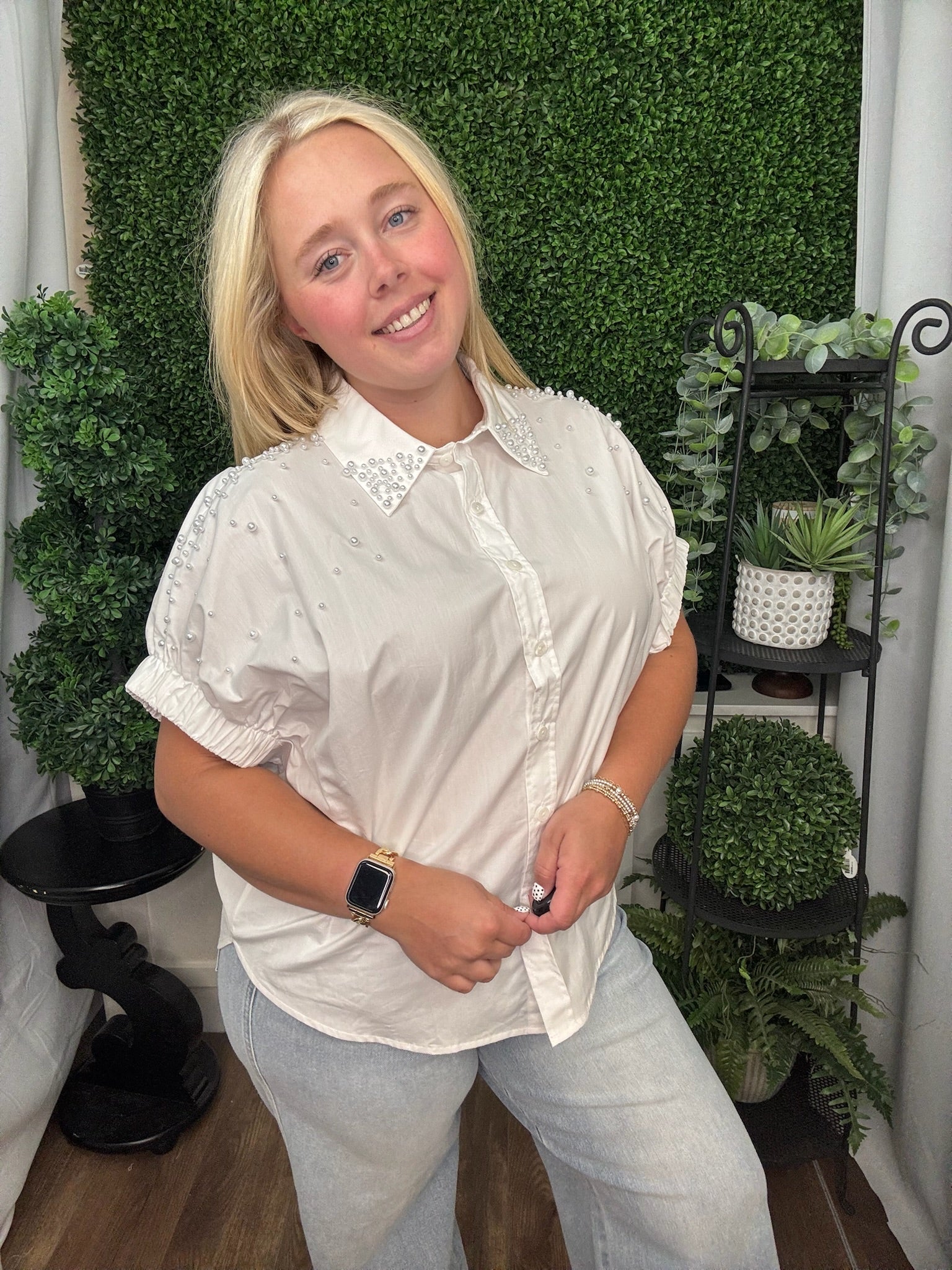 Pearl Studded Cap Sleeve Button-Up Top