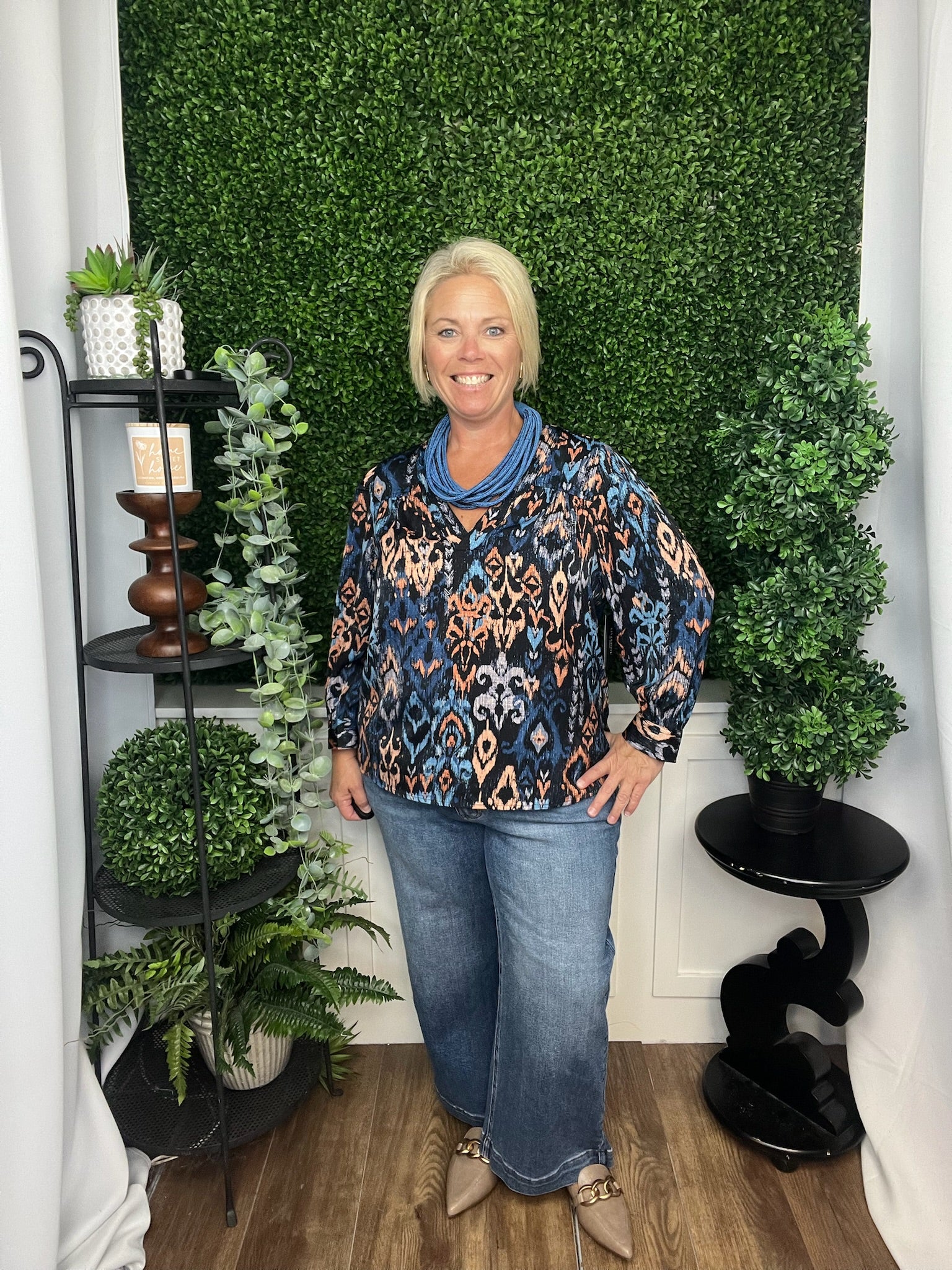 3/4 SLEEVE V-NECK POPOVER WOVEN BLOUSE BLUE MULTI IKAT