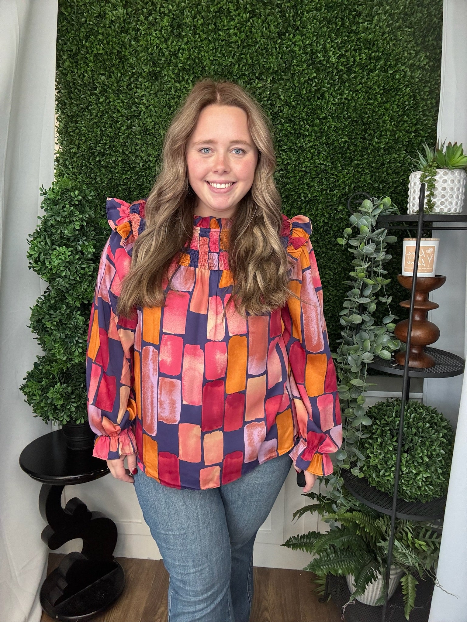 ABSTRACT PRINTED MIRABELLE SATIN BLOUSE - MIDNIGHT BLUE