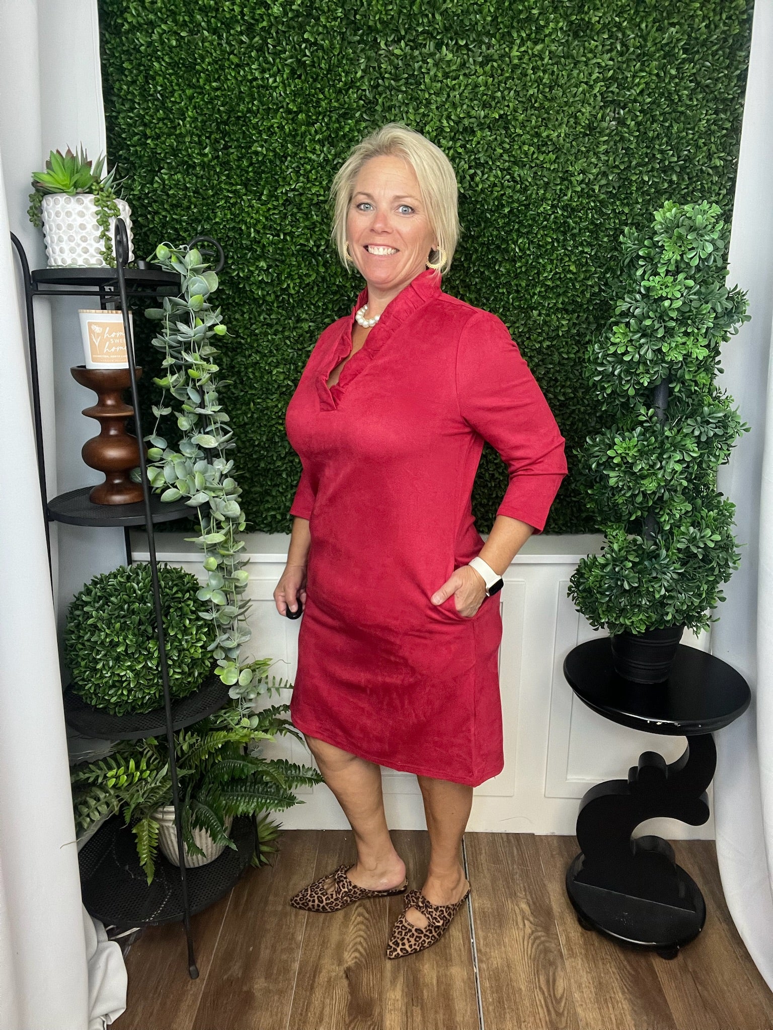 JULIET RUFFLE NECK DRESS - CHERRY RED