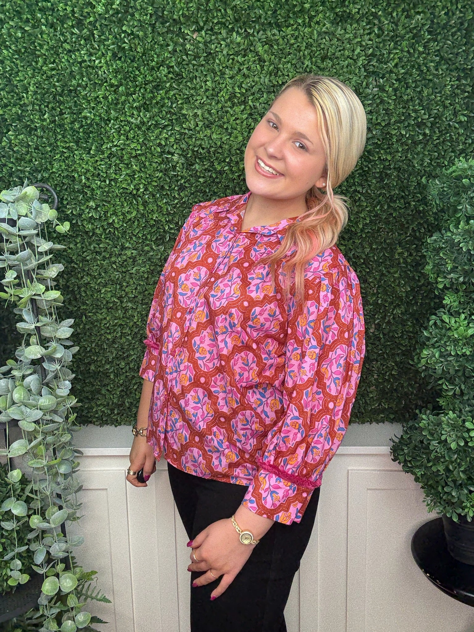 COLLARED PRINT BUTTON UP MULTI