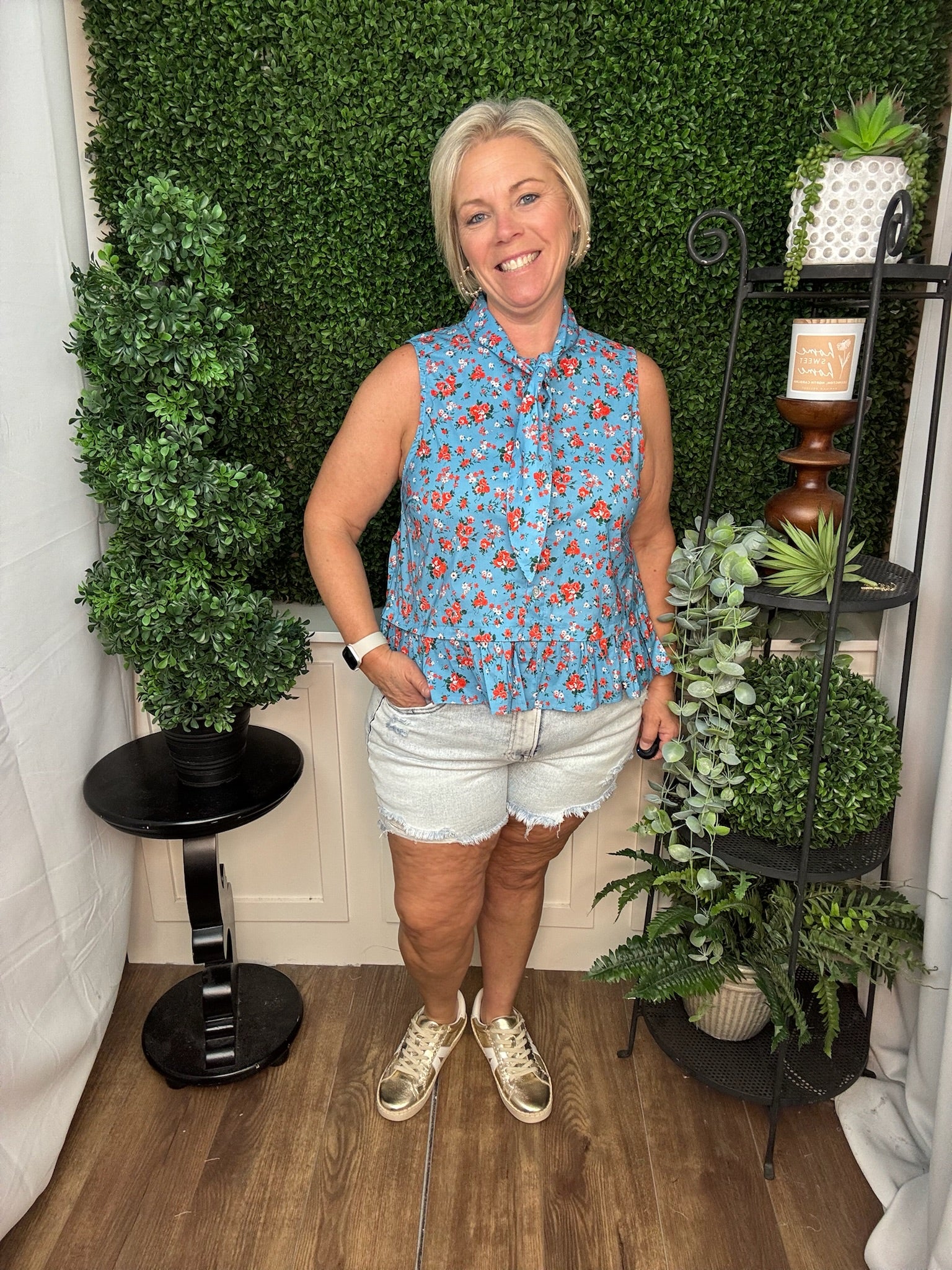 Blue Floral Sleeveless Top