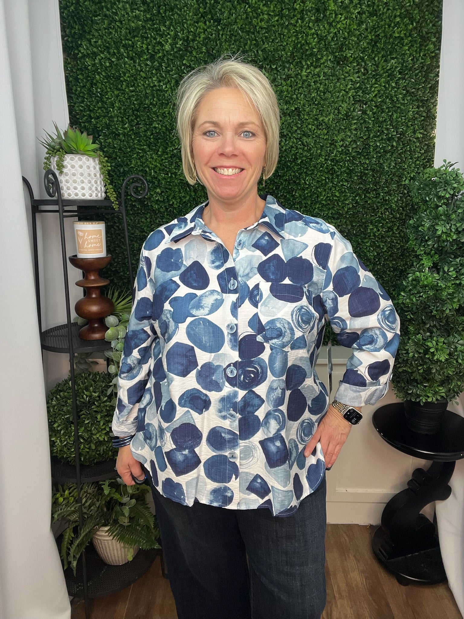 WOVEN BUTTON FRONT 3/4 SLEEVE BLOUSE - DOT MULTI