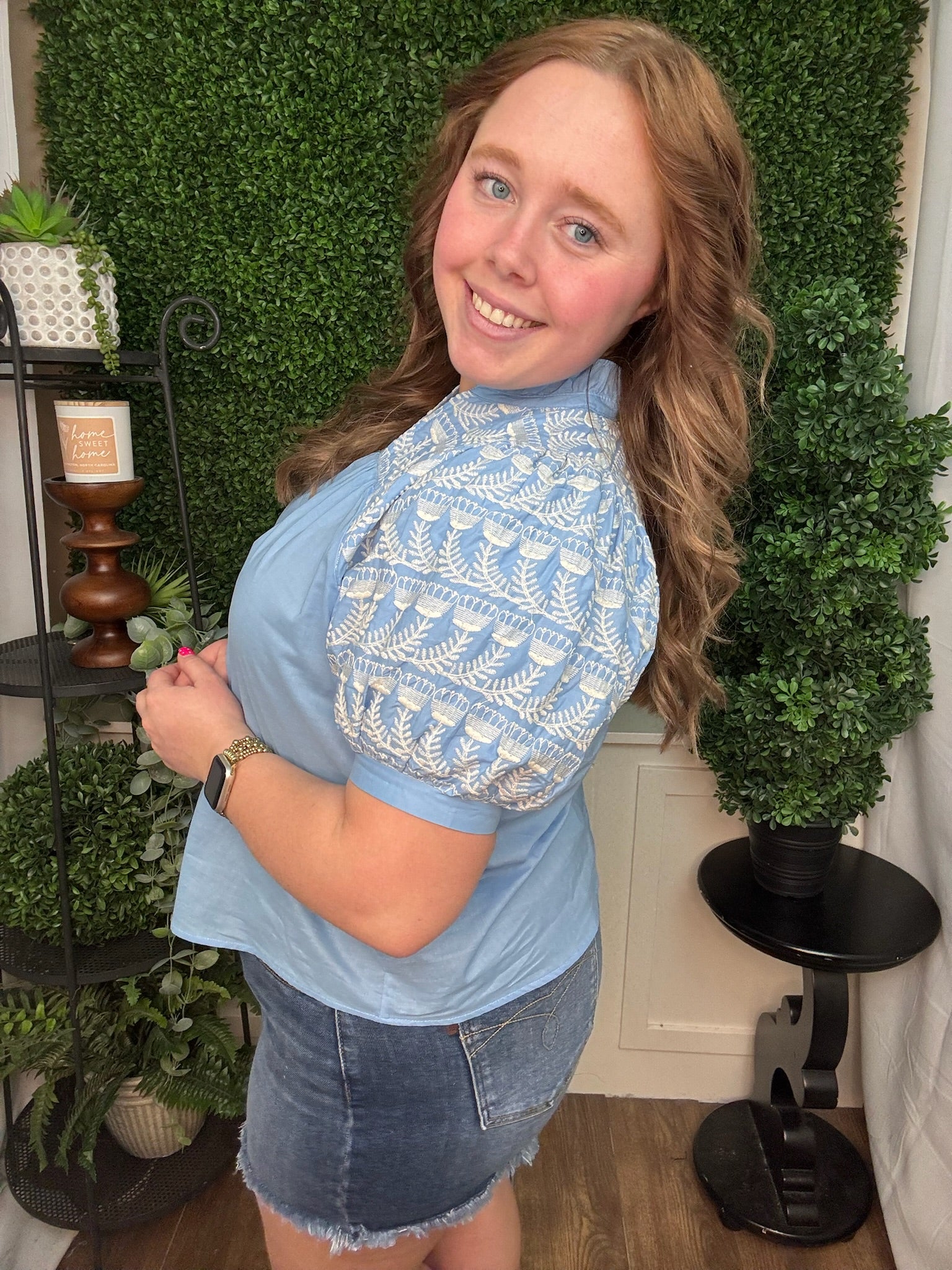 Embroidered Yoke Puff Sleeve Blouse