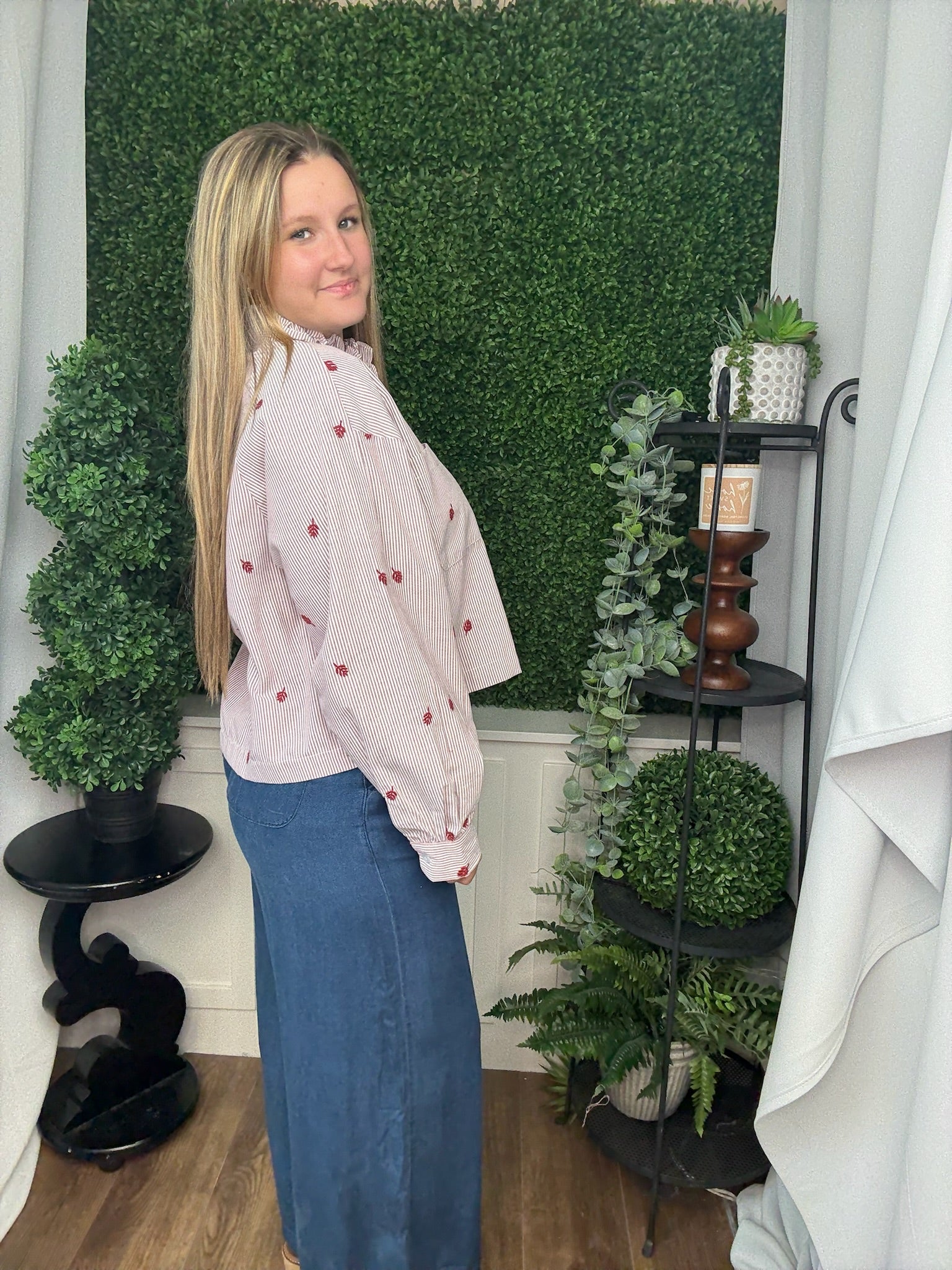 EMBROIDERED MOCK NECK STRIPED BUTTON UP TOP - AMBER STRIPE