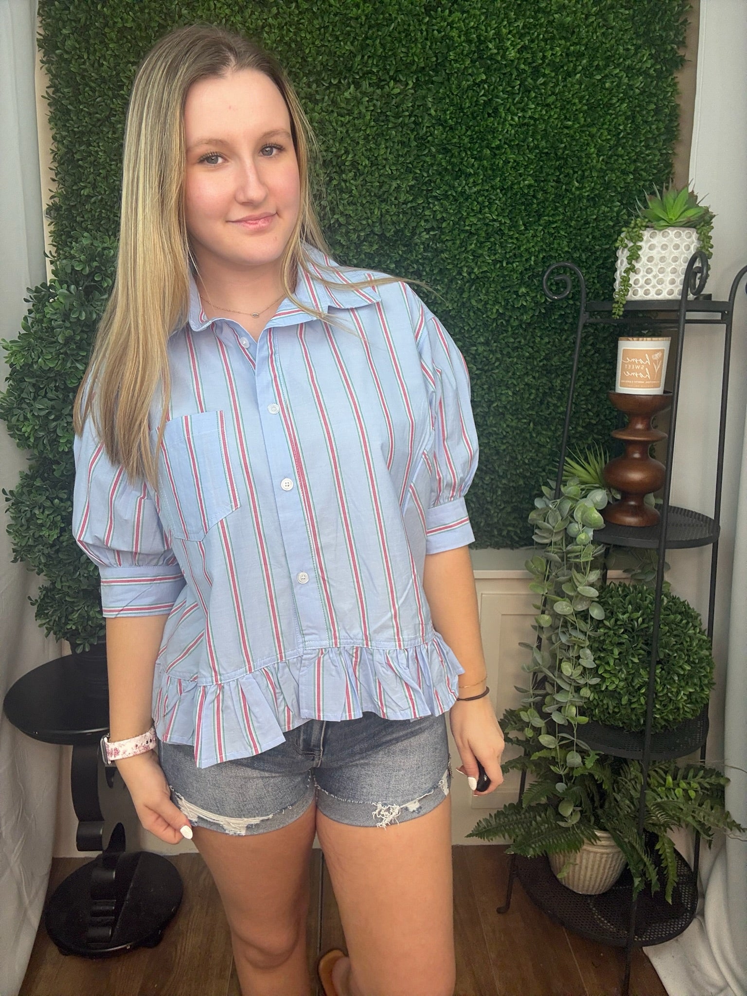 Skyline Stripe Ruffle Hem Blouse