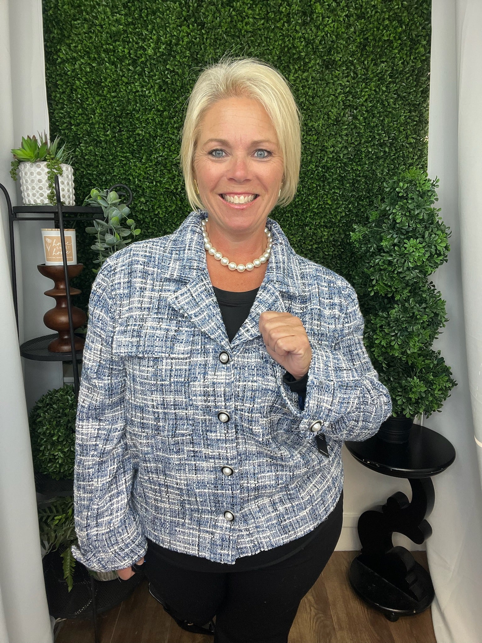 BUTTON FRONT BOXY SHACKET BLUE MULTI