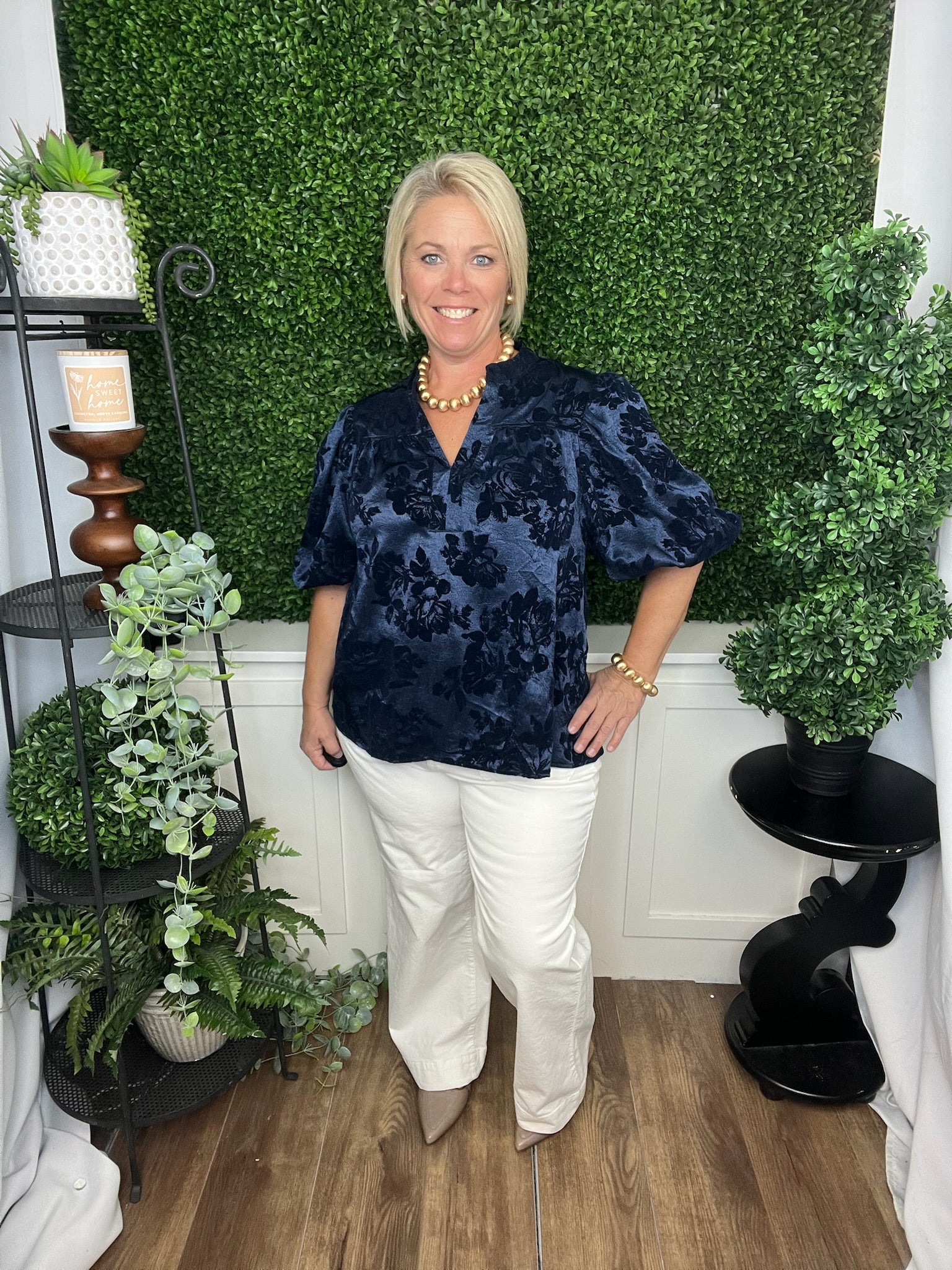 HIGH ROUND NECK PUFF SLV TOP - BLUE