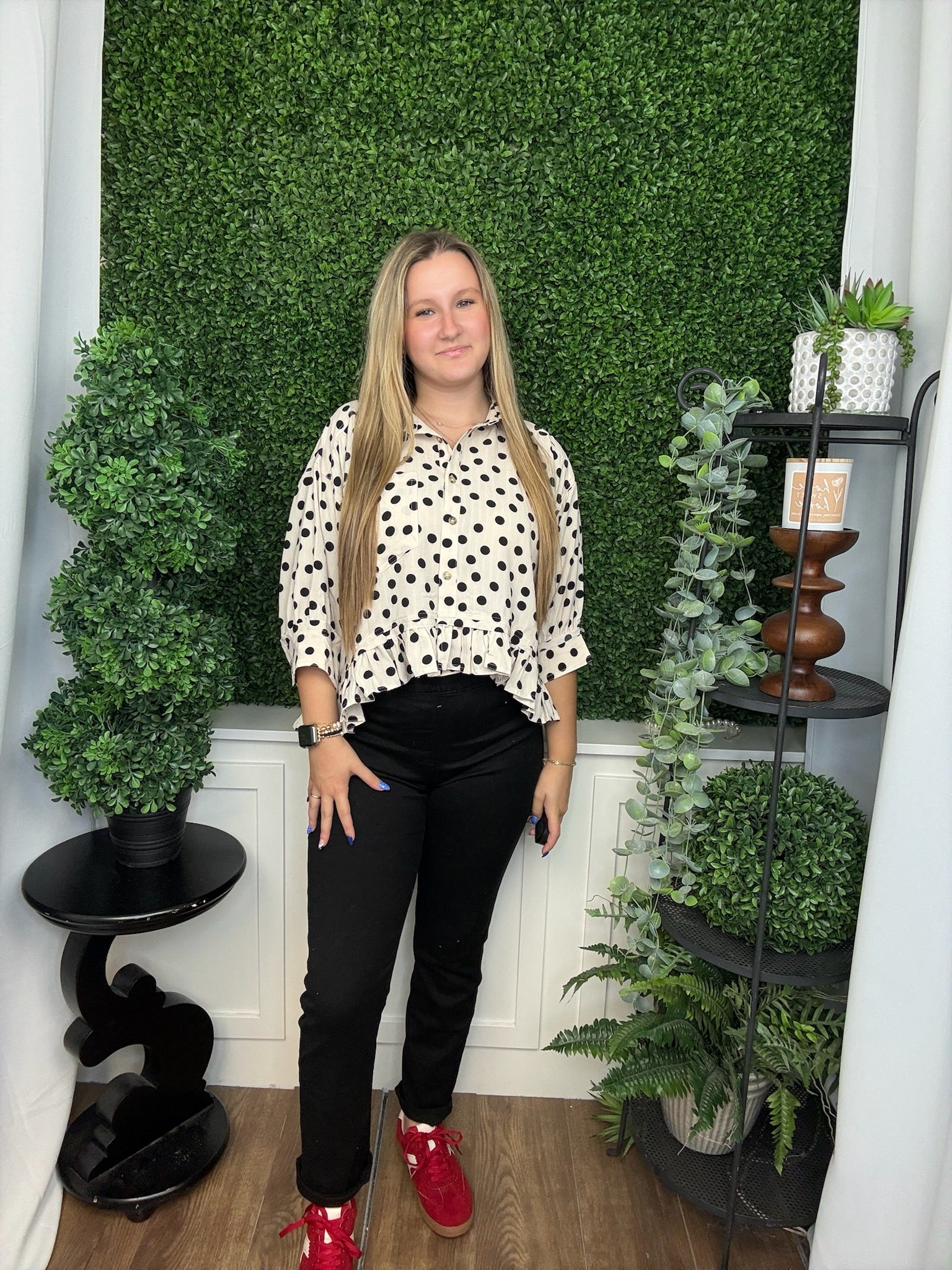 POLKA DOT PRINTED PEPLUM TOP - OFF WHITE/BLACK