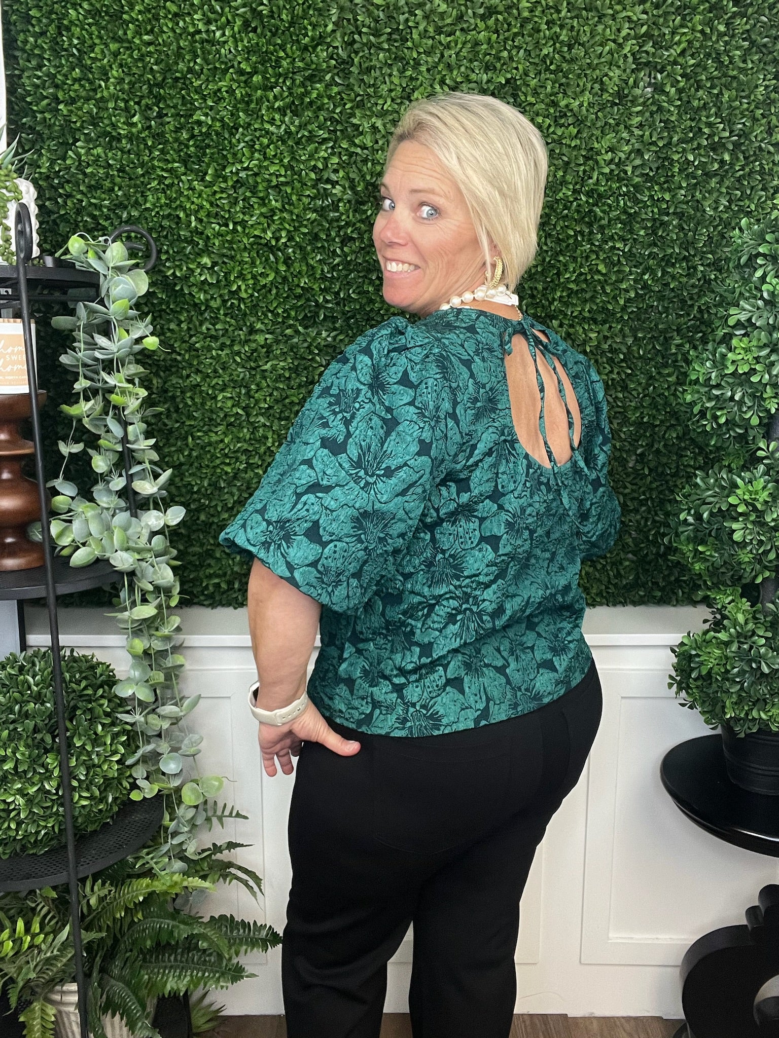 ROUND NECK PUFF SLV BLOUSE - HUNTER GREEN