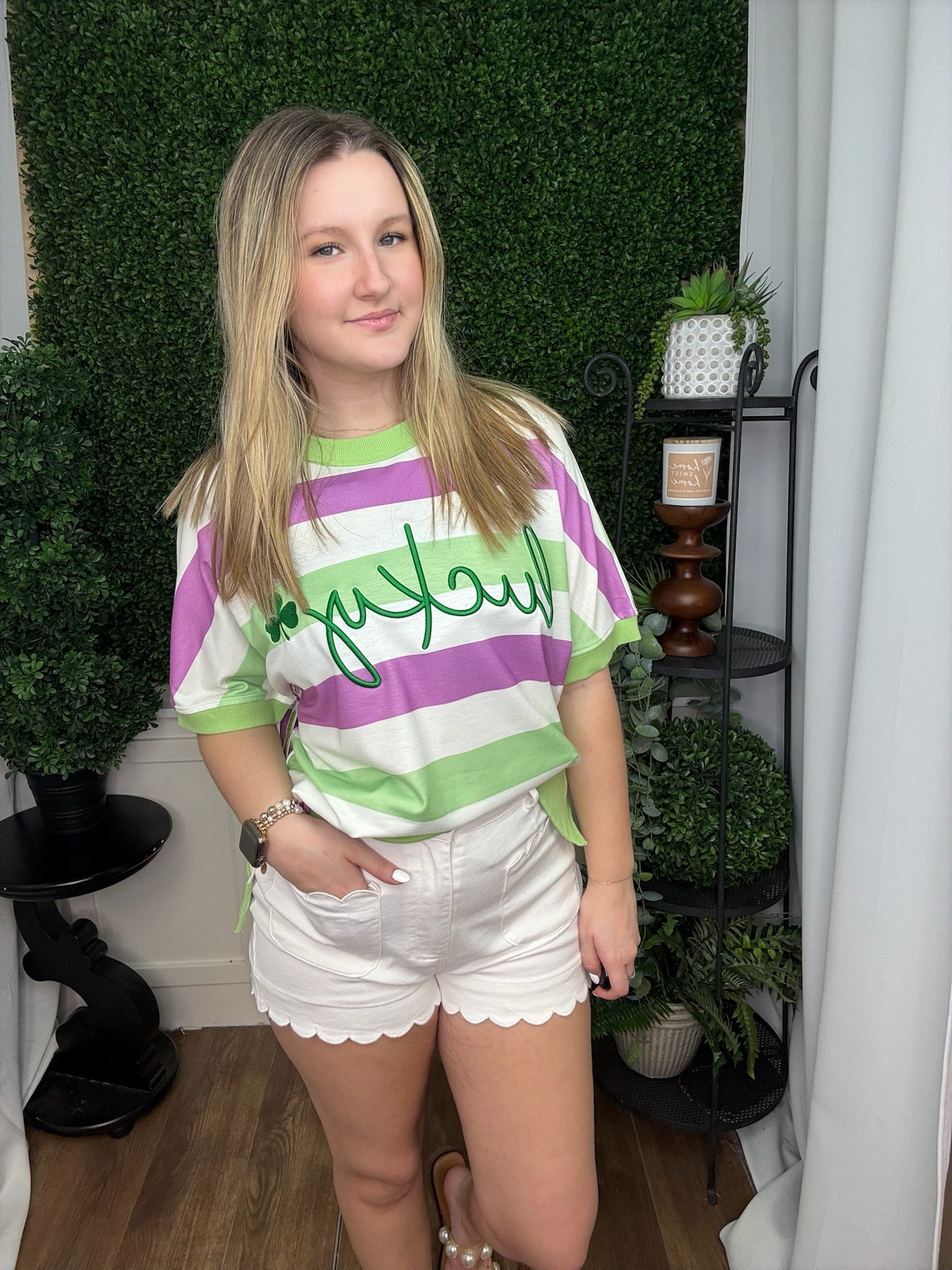 LUCKY CLOVER EMBROIDERED GRAPHIC TEE - GREEN STRIPE