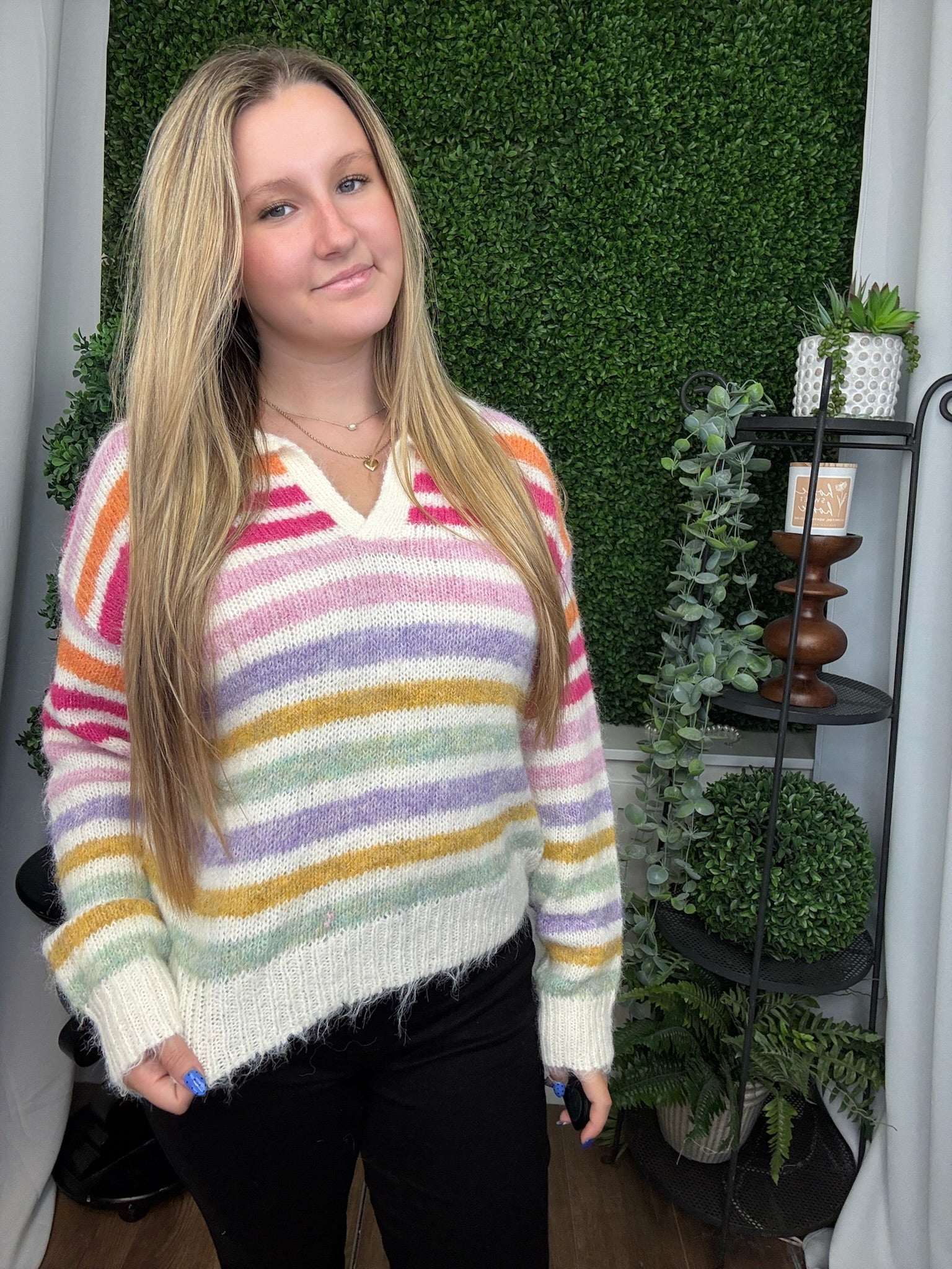 MULTI COLOR STRIPED SWEATER TOP - PINK/BLUSH MULTI