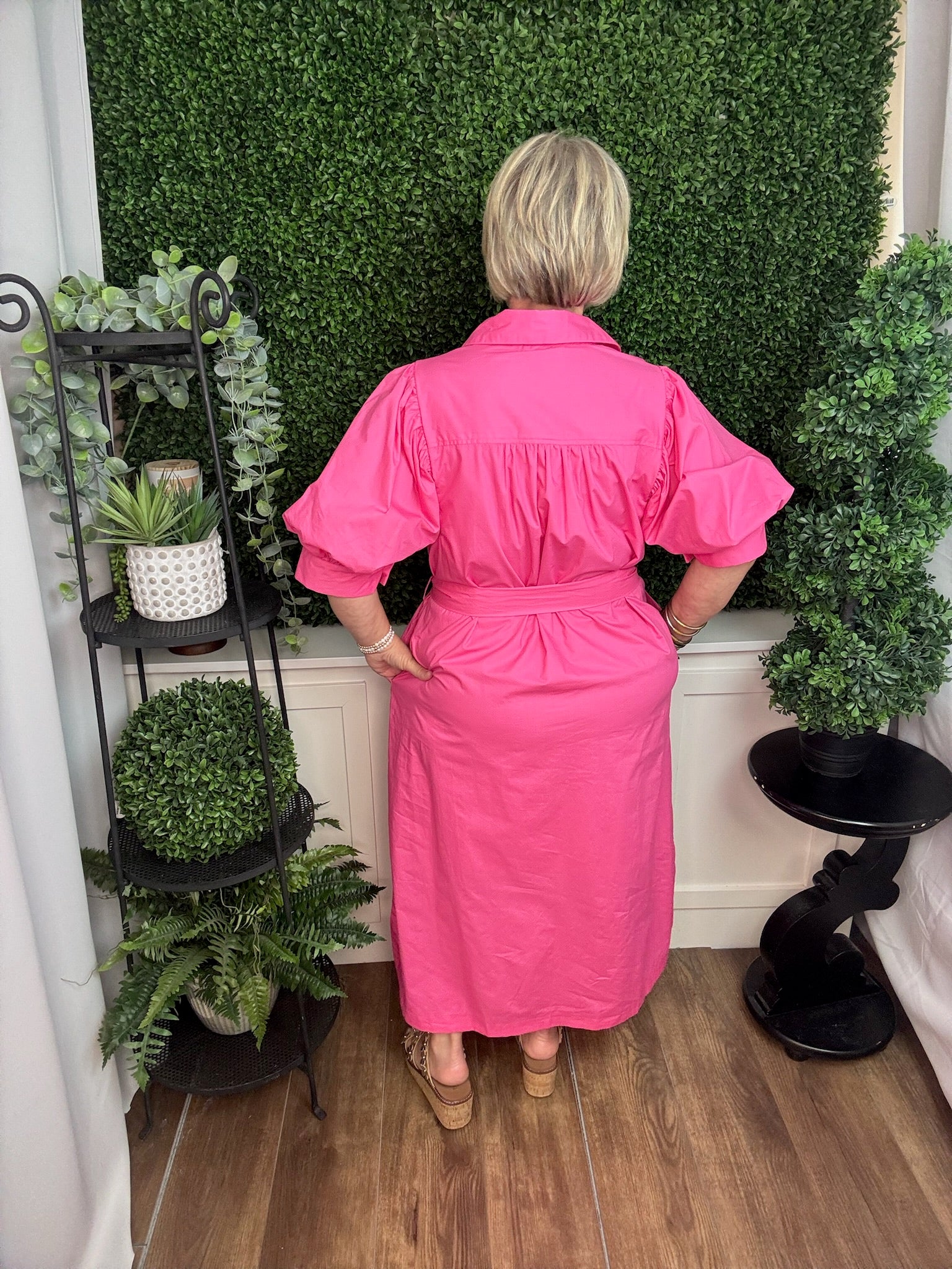 Button Front Midi Dress with Puff Sleeves and Tie Waist