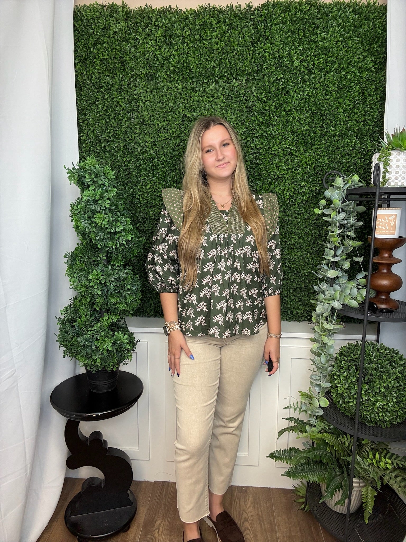 3/4 SLEEVE SMOCKED NECK WOVEN PRINT TOP - OLIVE